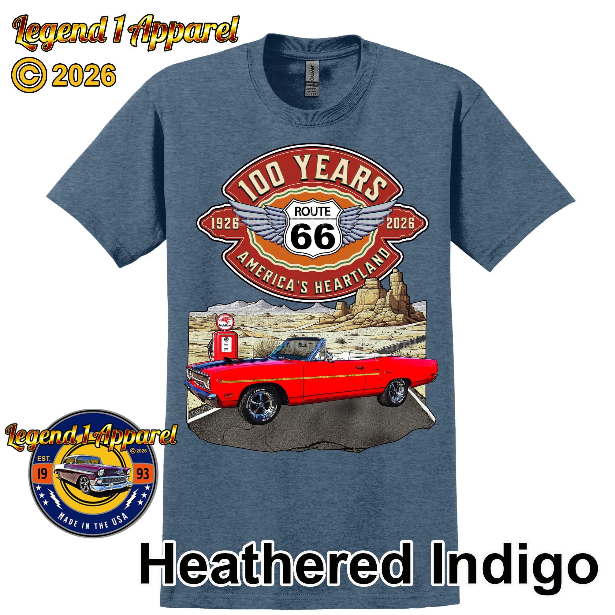 1970 Plymouth RoadRunner Classic Car Graphic Tee – Route 66 100 Years T-Shirt