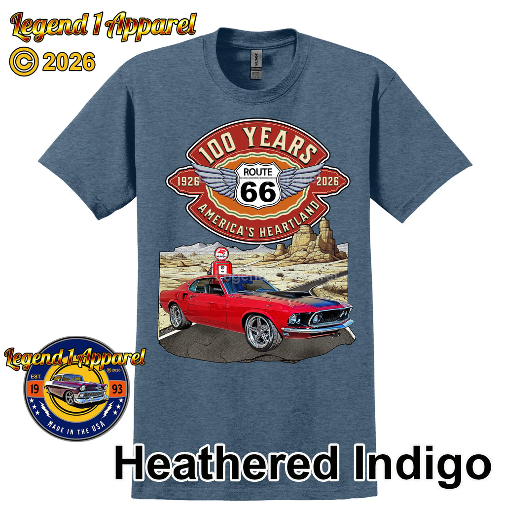 1969 Ford Mustang Fastback Classic Car Graphic Tee – Route 66 100 Years T-Shirt