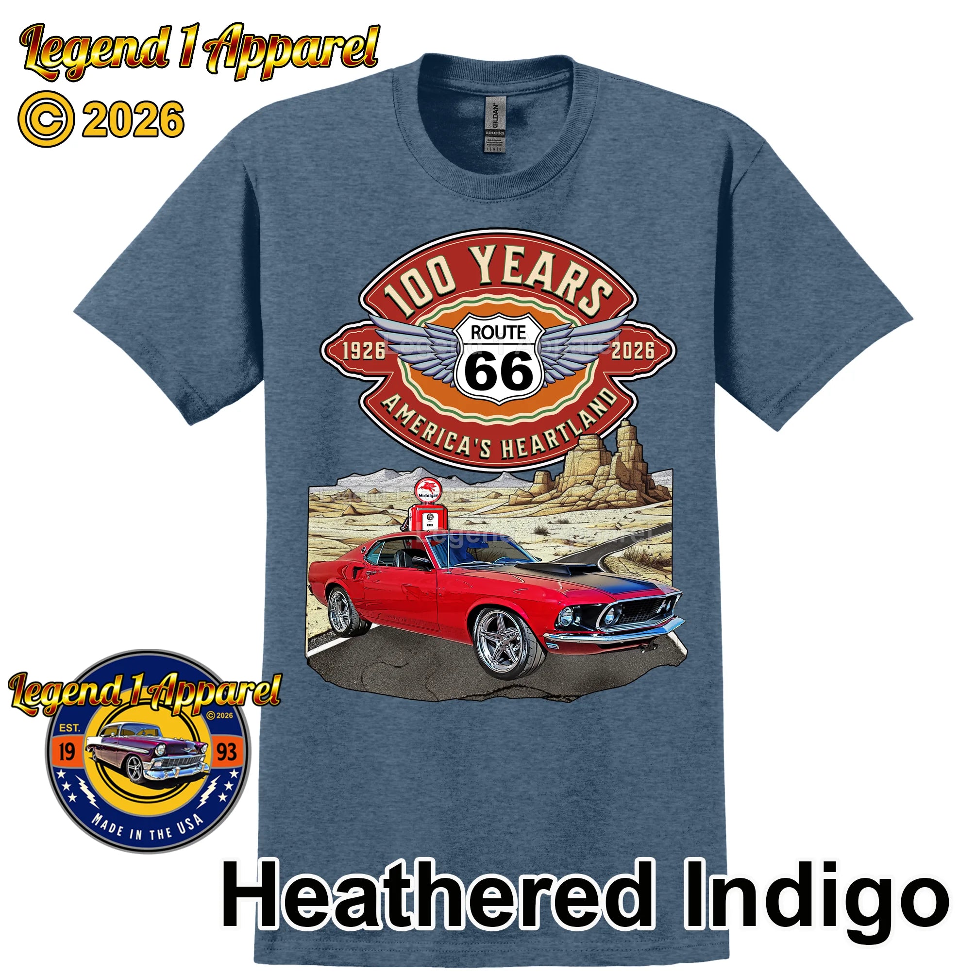 1969 Ford Mustang Fastback Classic Car Graphic Tee – Route 66 100 Years T-Shirt