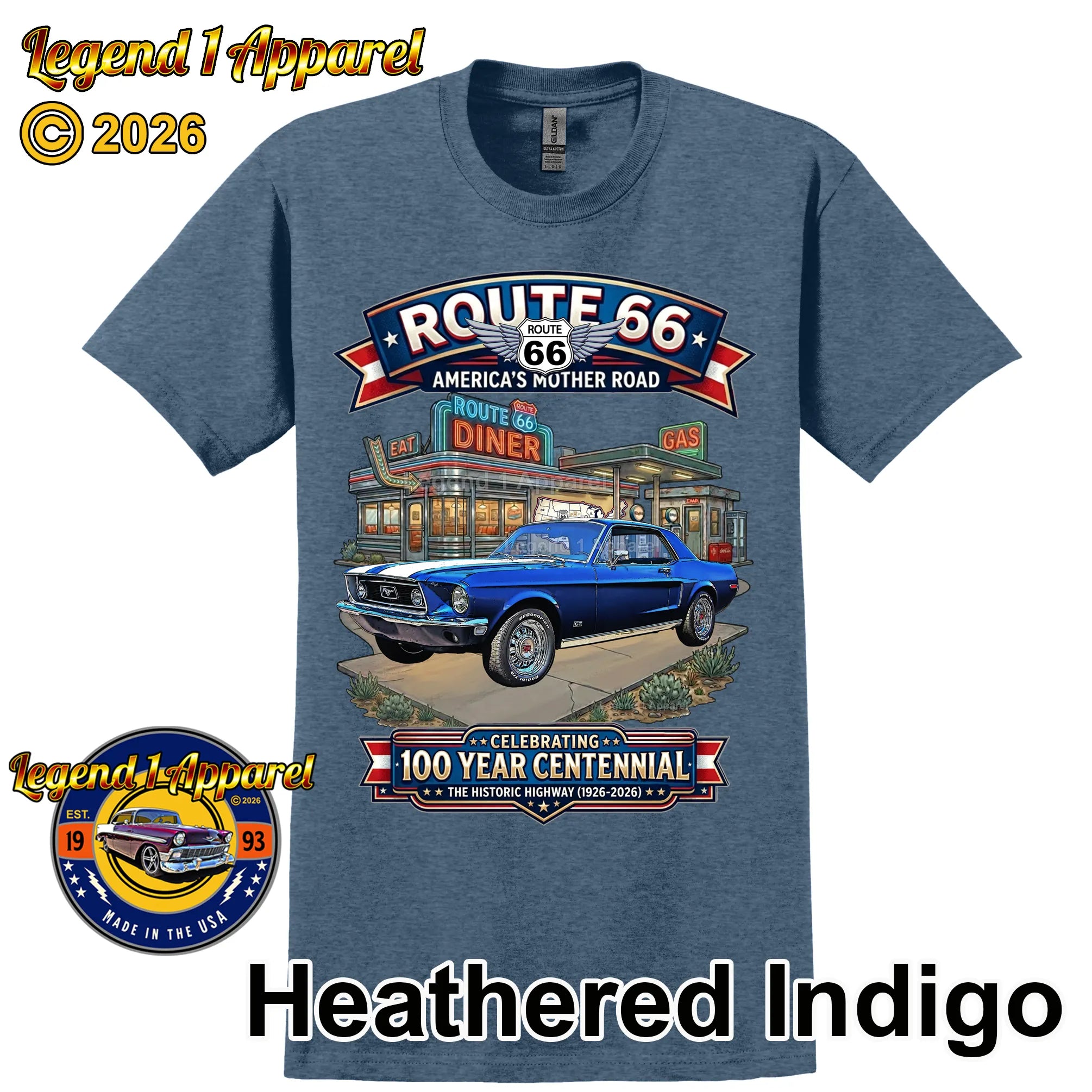 1968 Ford Mustang GT Classic Car Graphic Tee – Route 66 Centennial T-Shirt