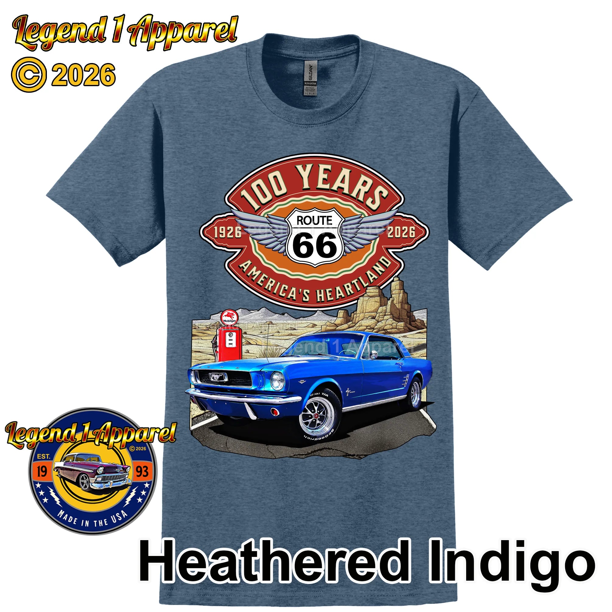 1966 Ford Mustang Hardtop Classic Car Graphic Tee – Route 66 100 Years T-Shirt