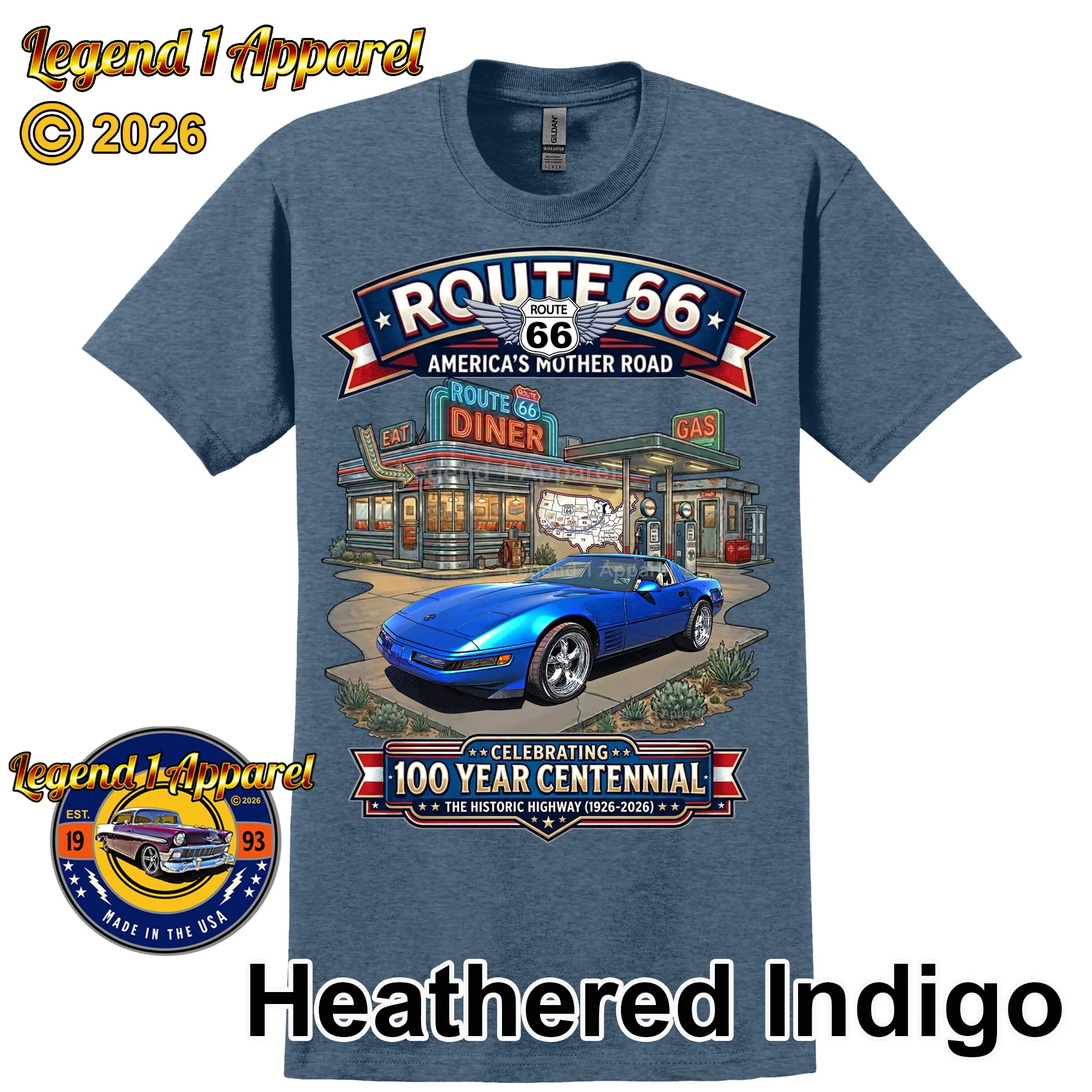 1992 Chevrolet Corvette C4 Classic Car Graphic Tee – Route 66 Centennial T-Shirt