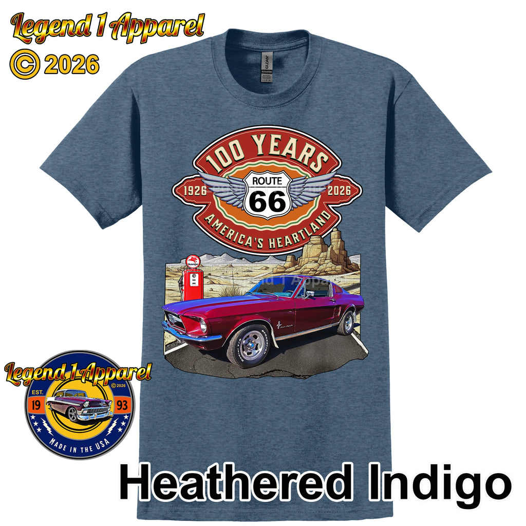 1967 Ford Mustang Fastback Classic Car Graphic Tee – Route 66 100 Years T-Shirt