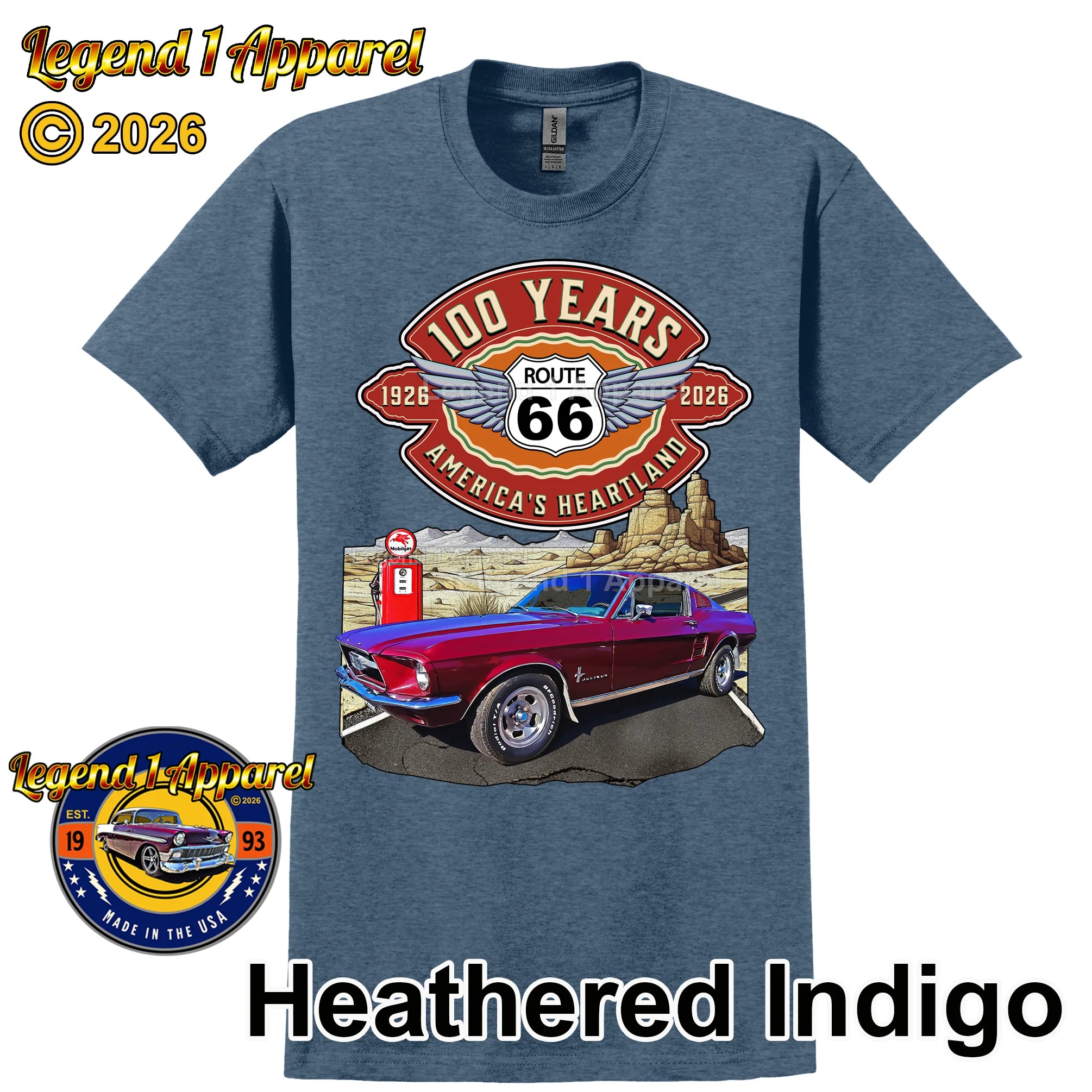 1967 Ford Mustang Fastback Classic Car Graphic Tee – Route 66 100 Years T-Shirt