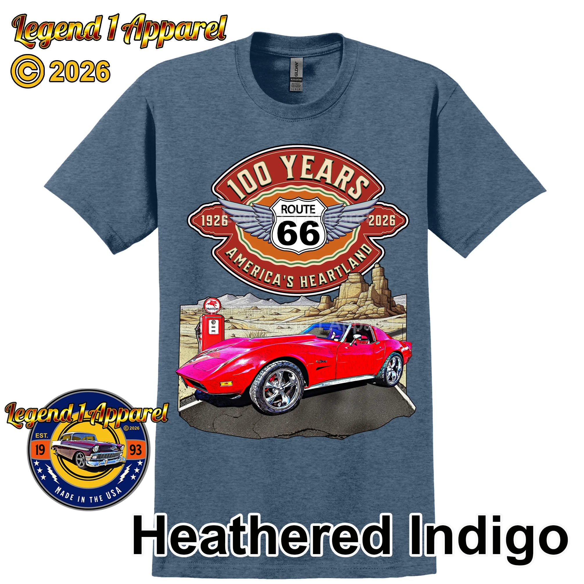 1974 Chevrolet Corvette C3 Classic Car Graphic Tee – Route 66 100 Years T-Shirt