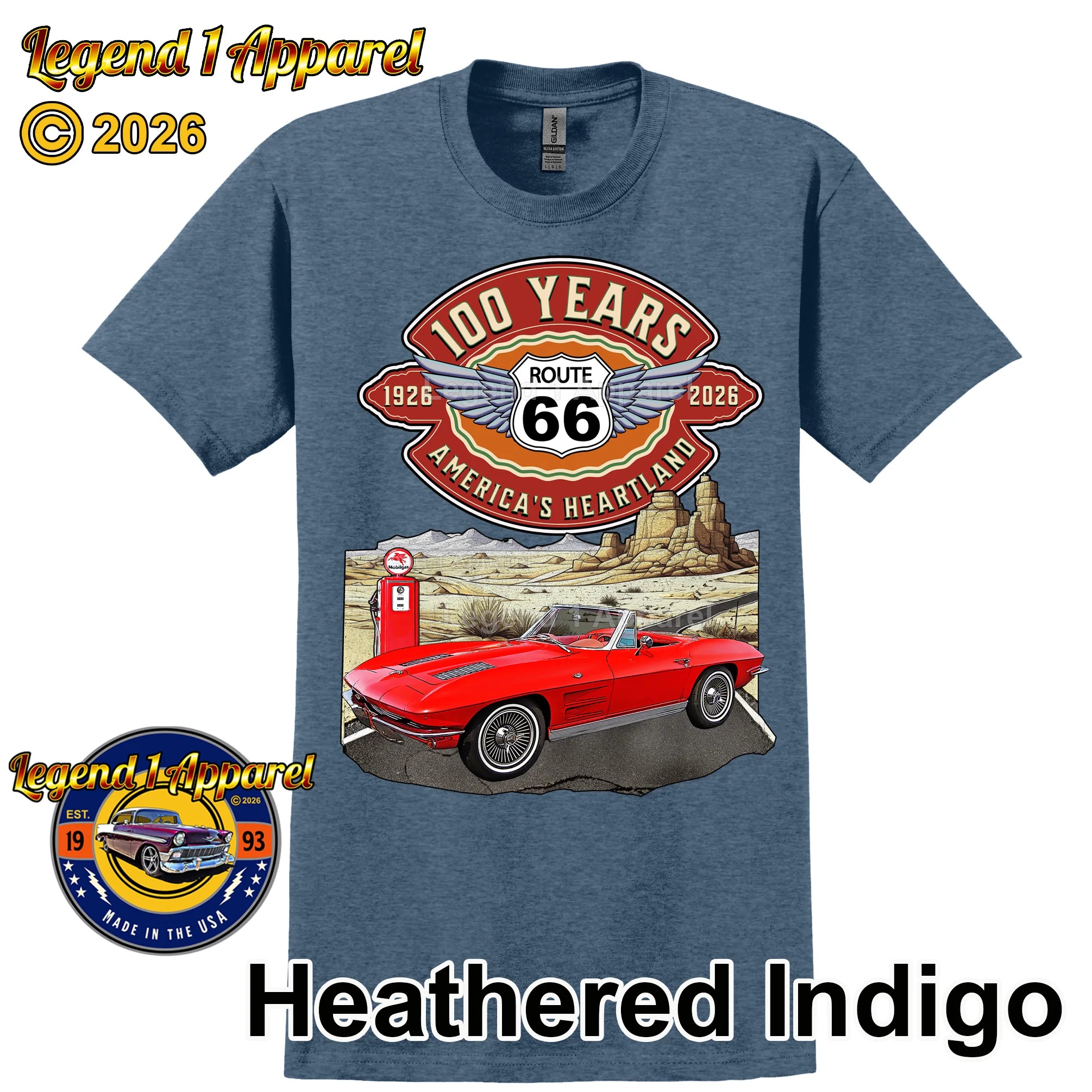 1963 Chevrolet Corvette C2 Classic Car Graphic Tee – Route 66 100 Years T-Shirt