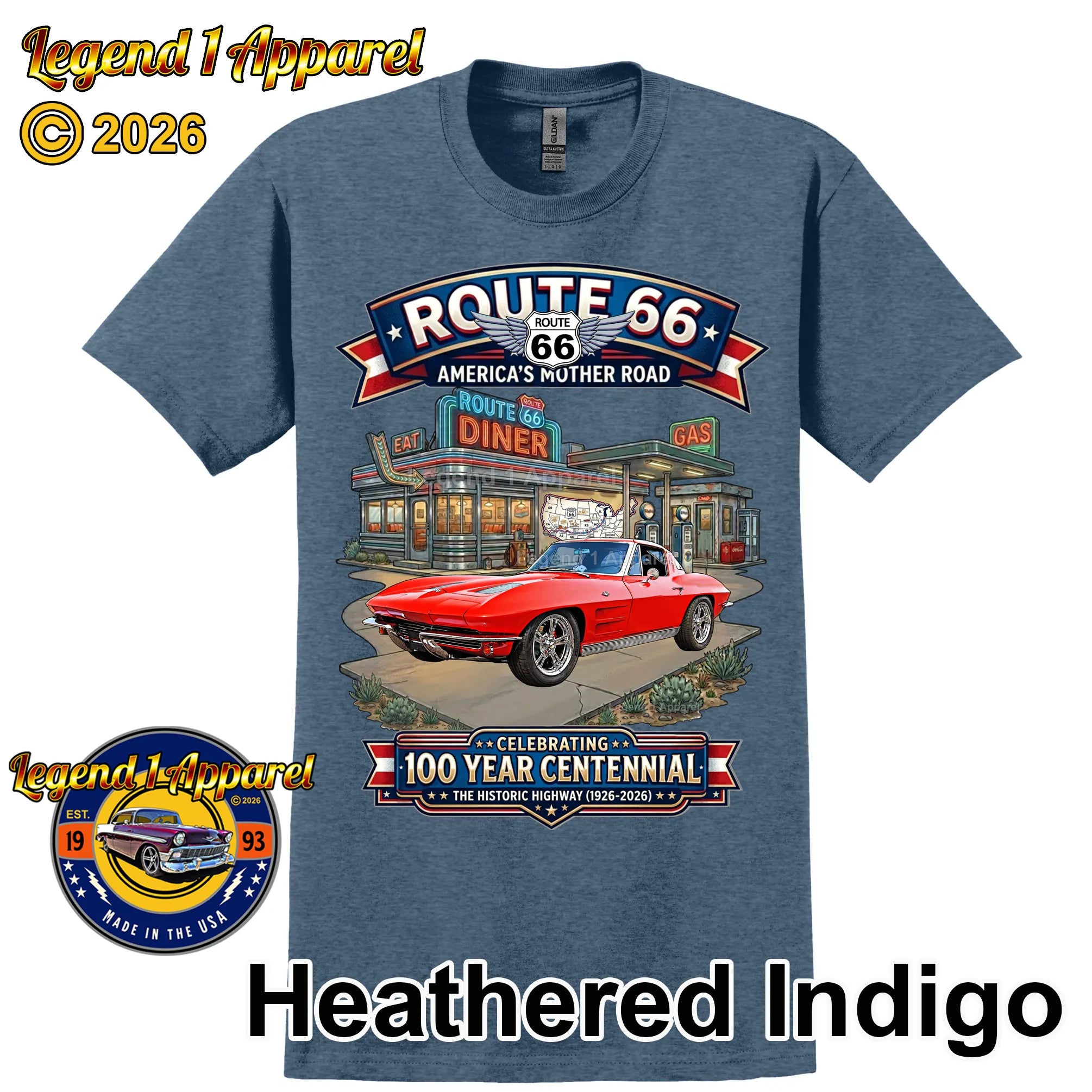 1963 Chevrolet Corvette C2 Classic Car Graphic Tee – Route 66 Centennial T-Shirt