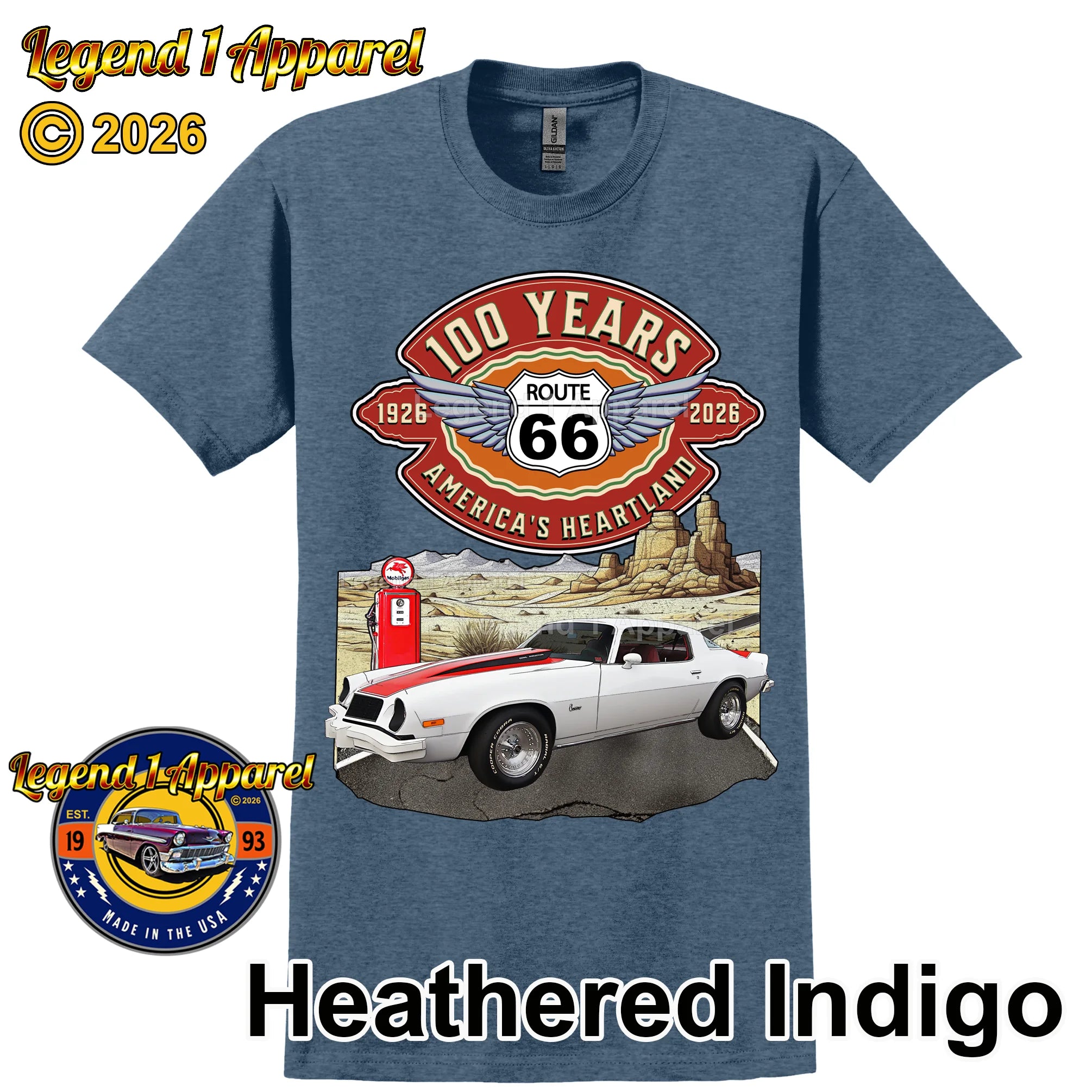 1976 Chevrolet Camaro Classic Car Graphic Tee – Route 66 100 Years T-Shirt