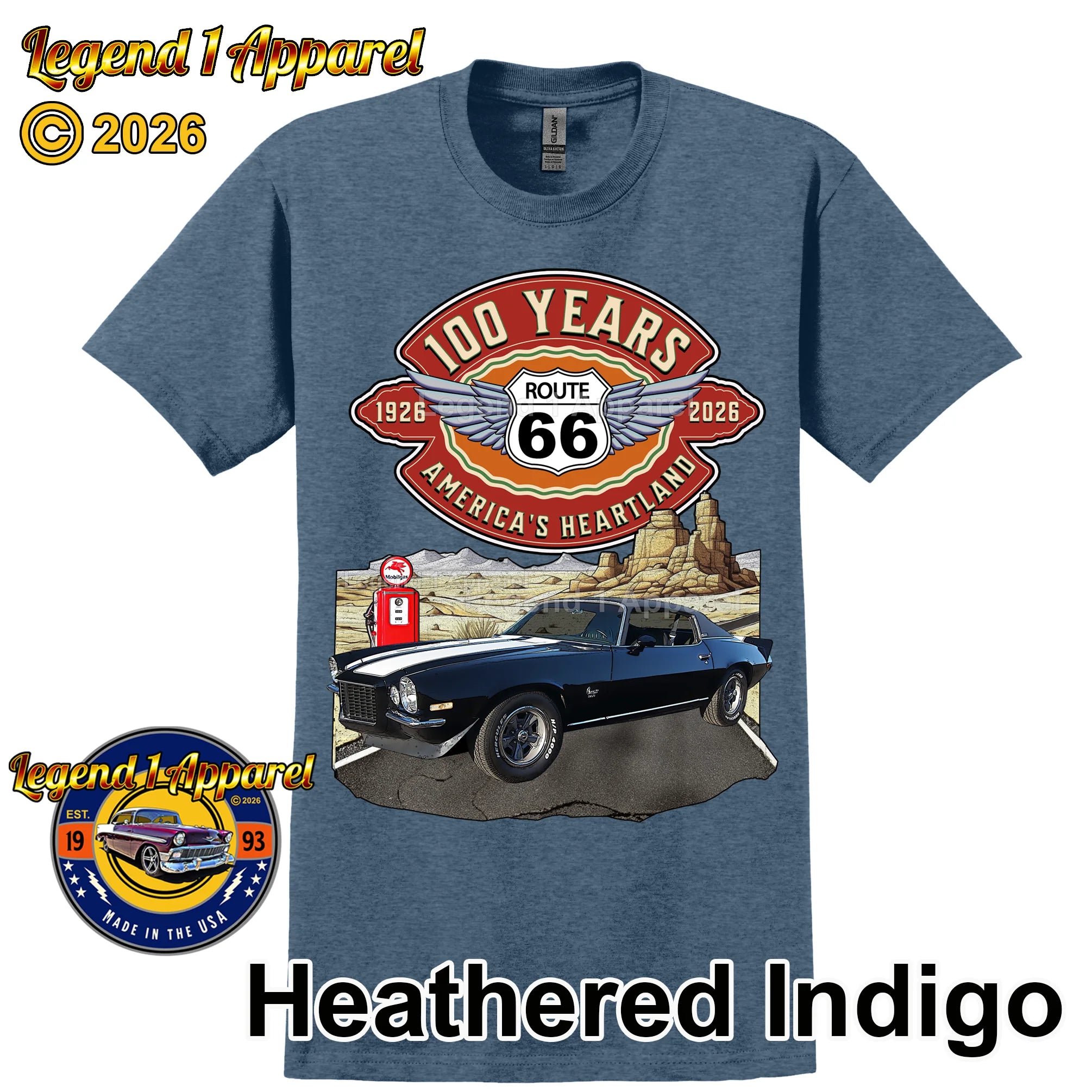 1973 Chevrolet Camaro Classic Car Graphic Tee – Route 66 100 Years T-Shirt