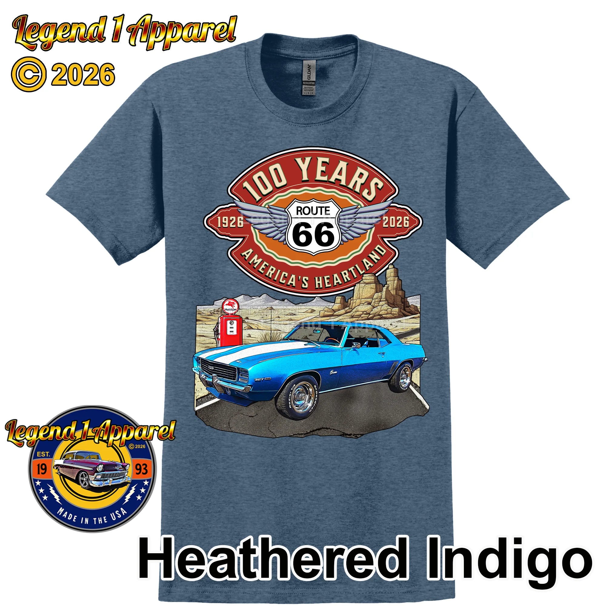 1969 Chevrolet Camaro Classic Car Graphic Tee – Route 66 100 Years T-Shirt