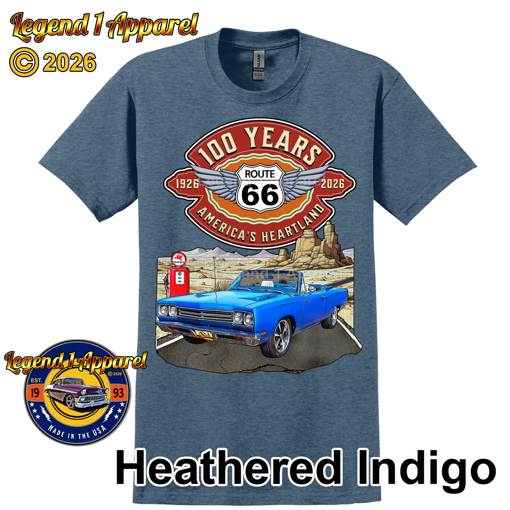 1969 Plymouth RoadRunner Classic Car Graphic Tee – Route 66 100 Years T-Shirt