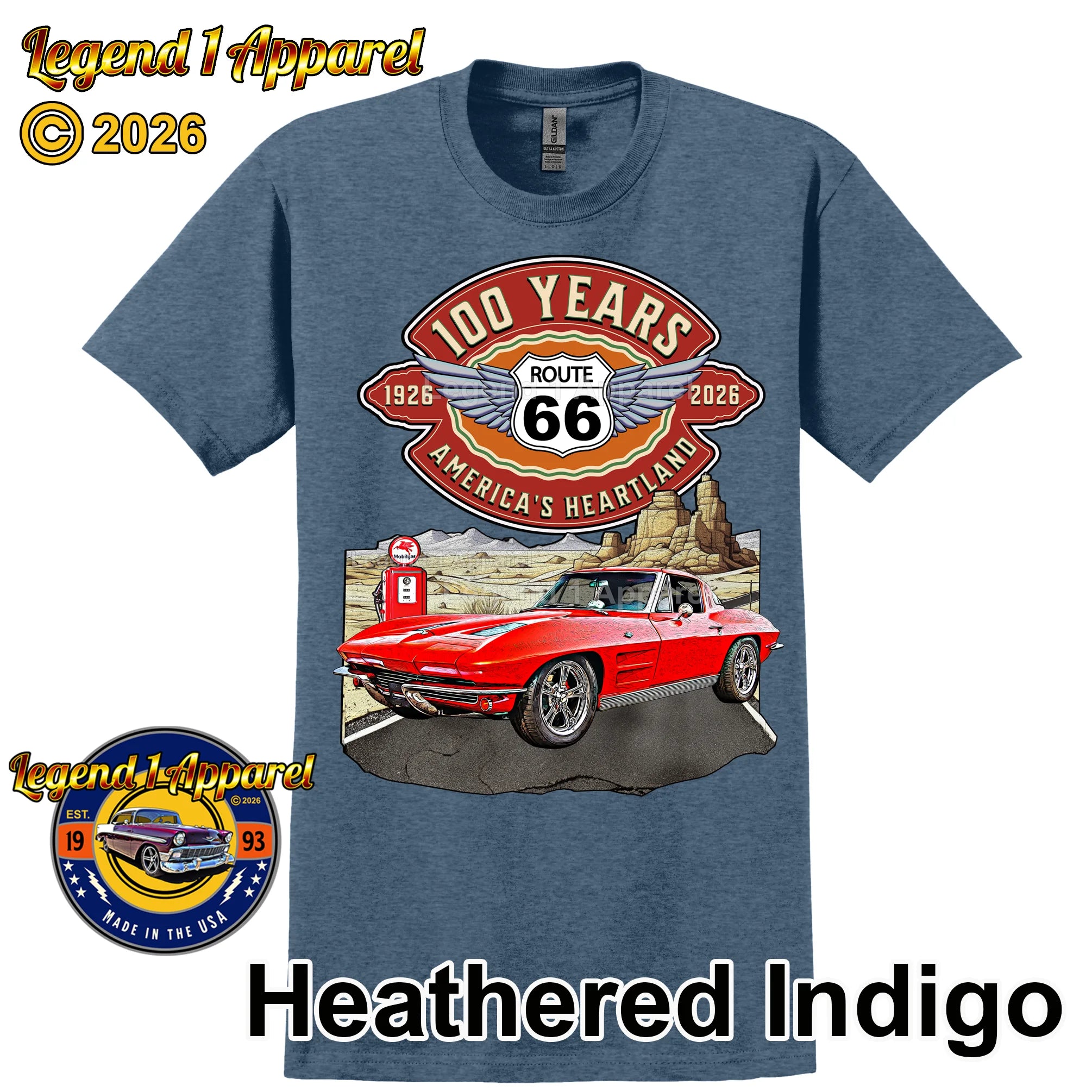 1963 Chevrolet Corvette C2 Classic Car Graphic Tee – Route 66 100 Years T-Shirt