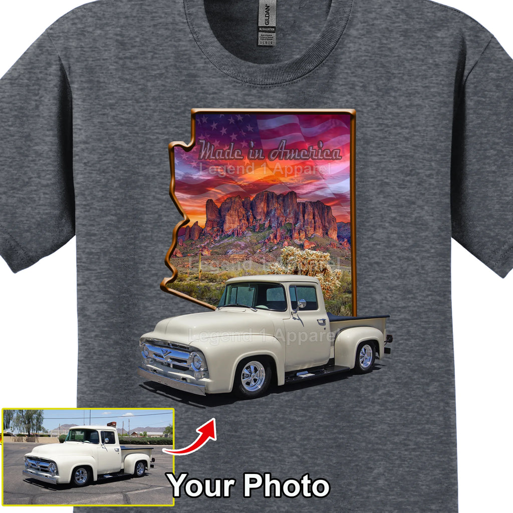 Your Classic Car or Hot Rod custom made T-shirt. Send us a picture of your car. Made in America Arizona Outline