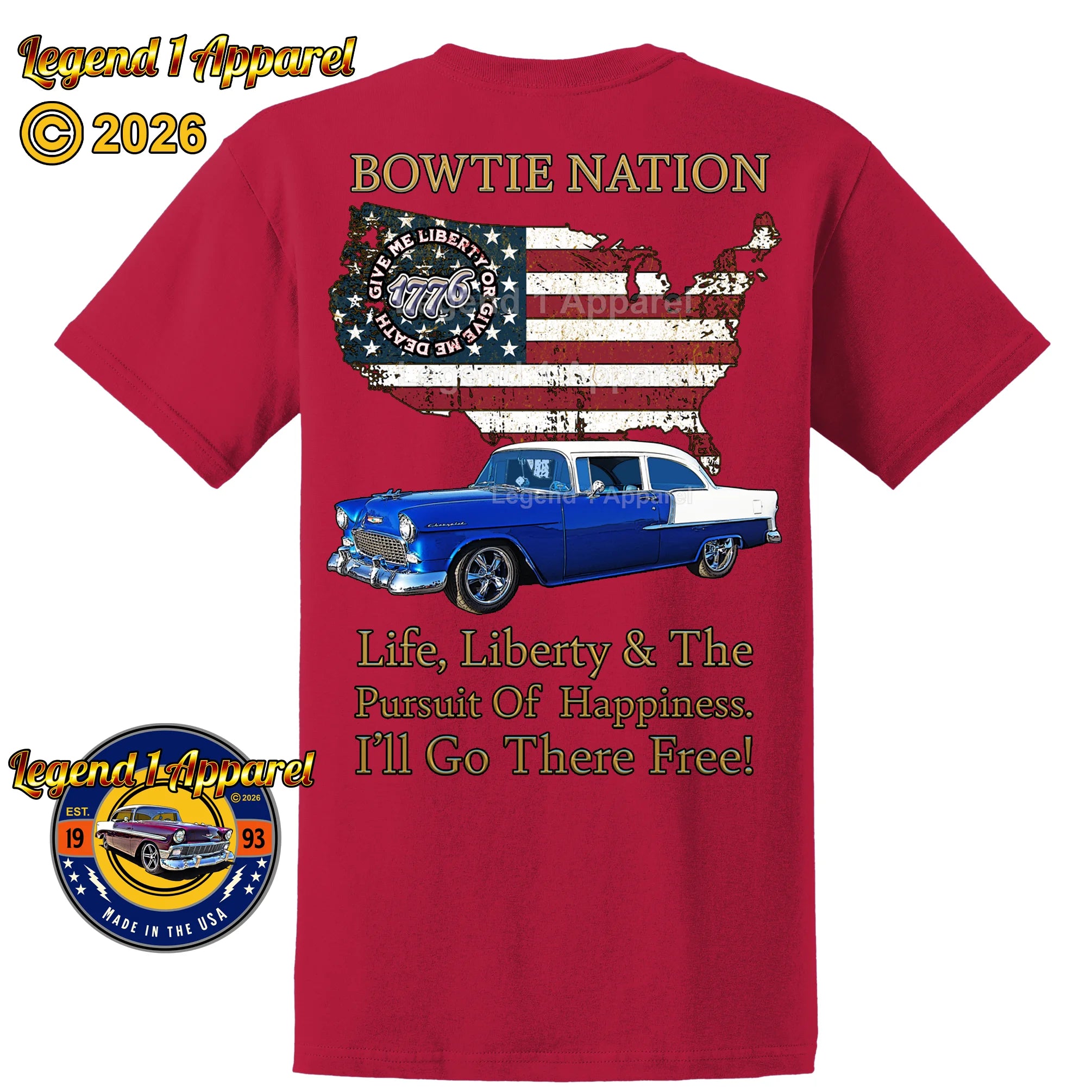 1955 Chevrolet Bel Air Bowtie Nation T-Shirt – 55 Chevy Classic Car Graphic Tee