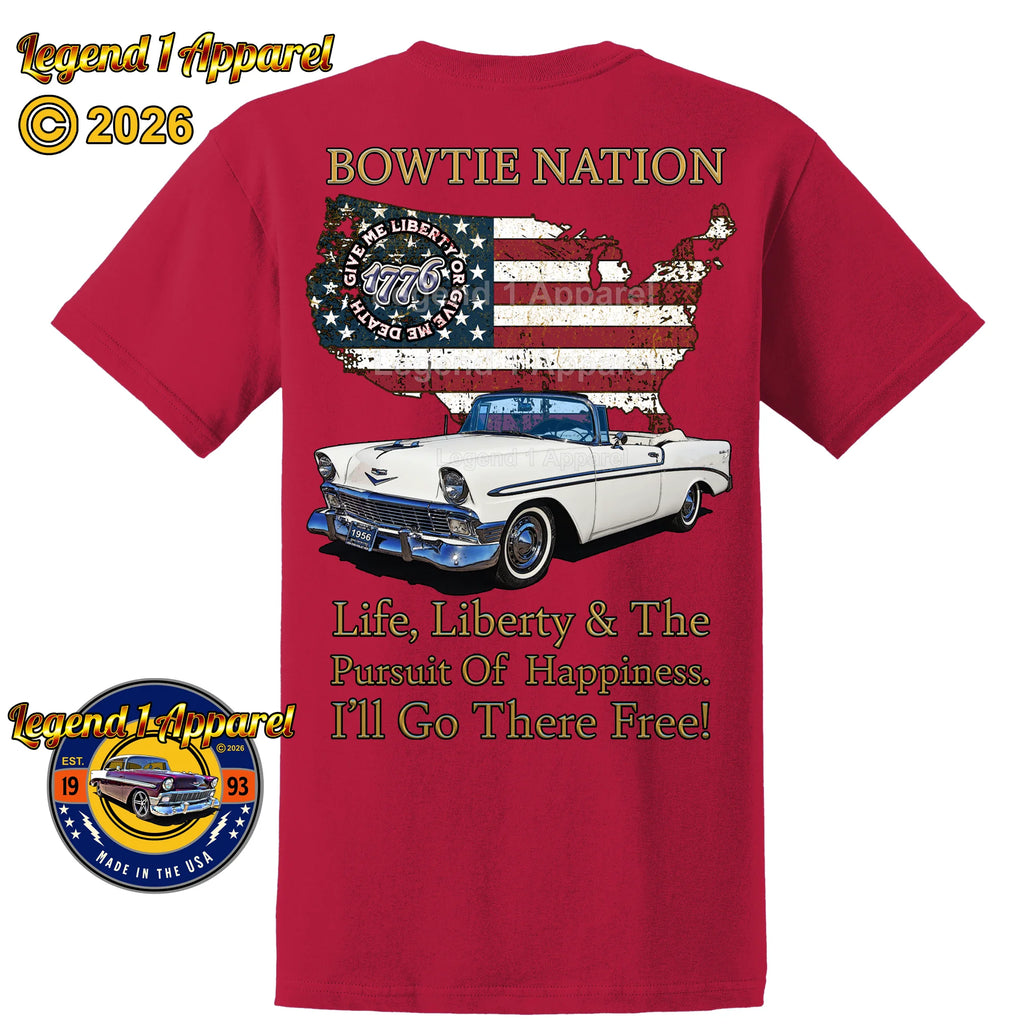 1956 Chevrolet Bel Air Convertible Bowtie Nation T-Shirt – 56 Chevy Classic Car Graphic Tee