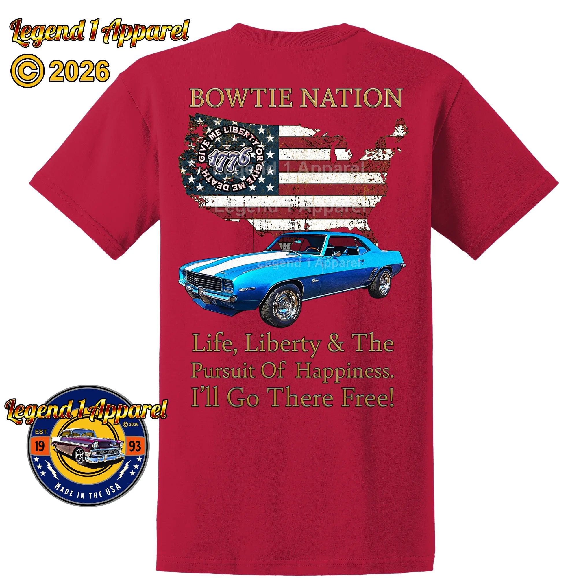 1969 Chevrolet Camaro Bowtie Nation T-Shirt – 69 Chevy Classic Car Graphic Tee