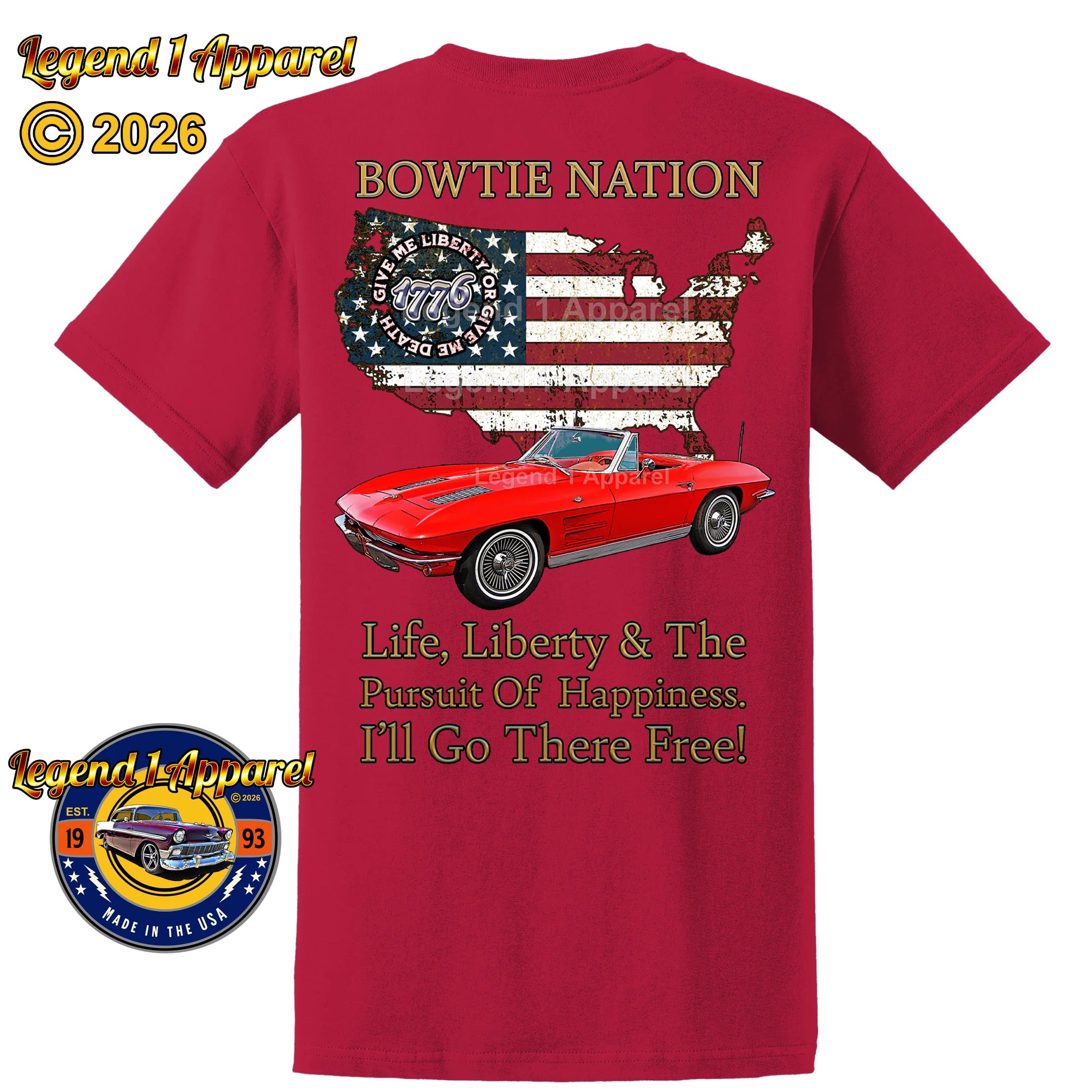 1963 Chevrolet C2 Corvette Bowtie Nation T-Shirt – 63 Chevy Classic Car Graphic Tee