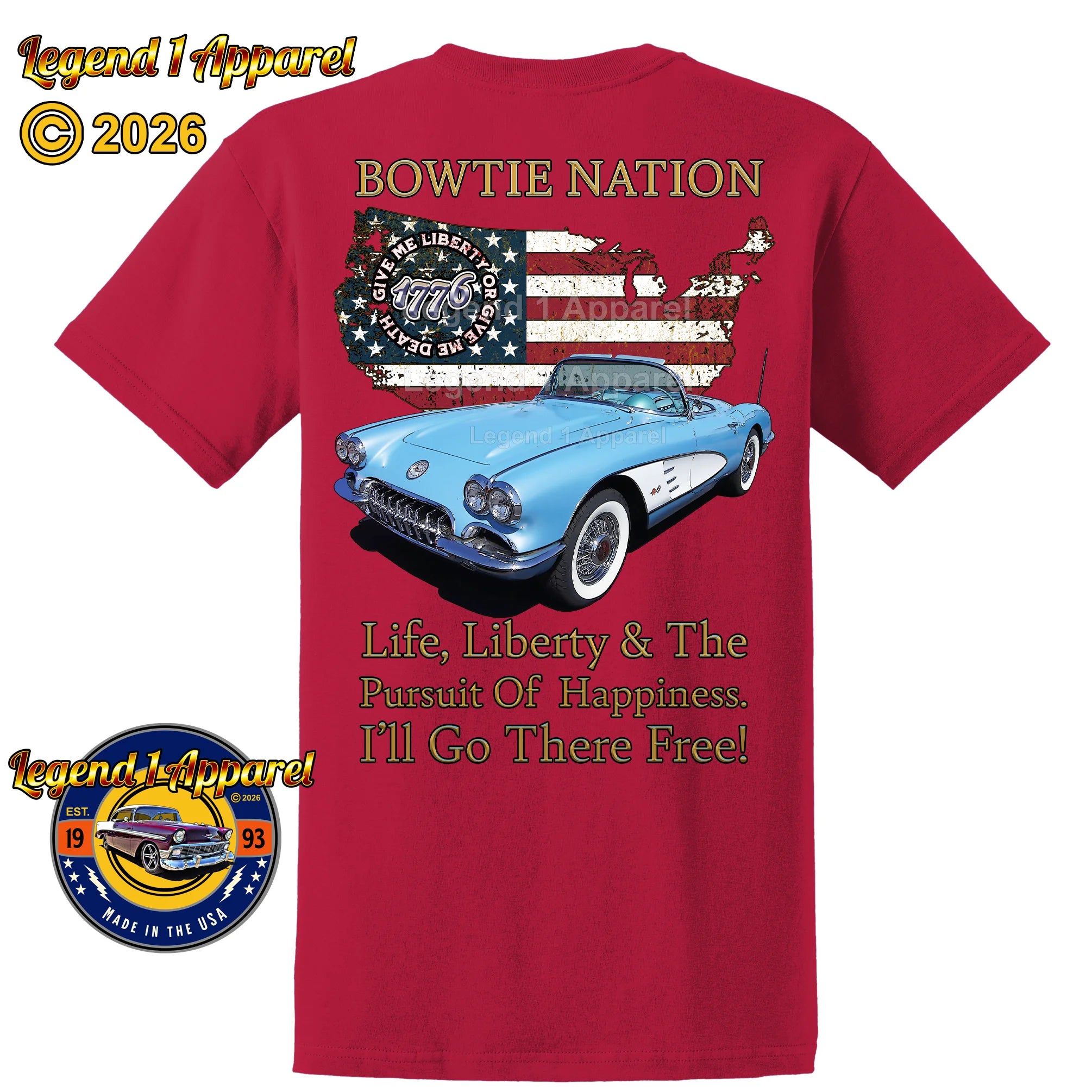 1960 Chevrolet C1 Corvette Bowtie Nation T-Shirt – 60 Chevy Classic Car Graphic Tee
