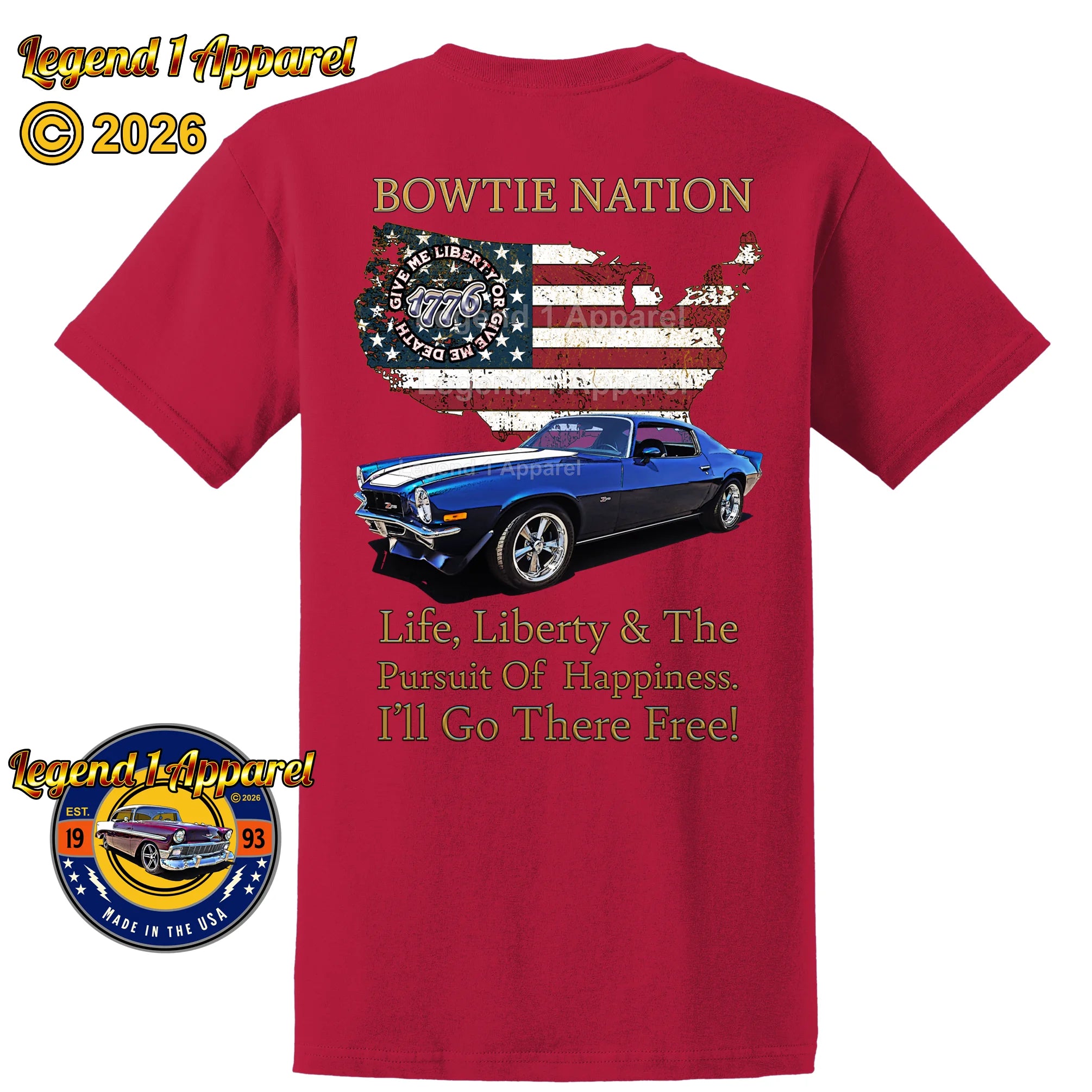 1973 Chevrolet Camaro Bowtie Nation T-Shirt – 73 Chevy Classic Car Graphic Tee