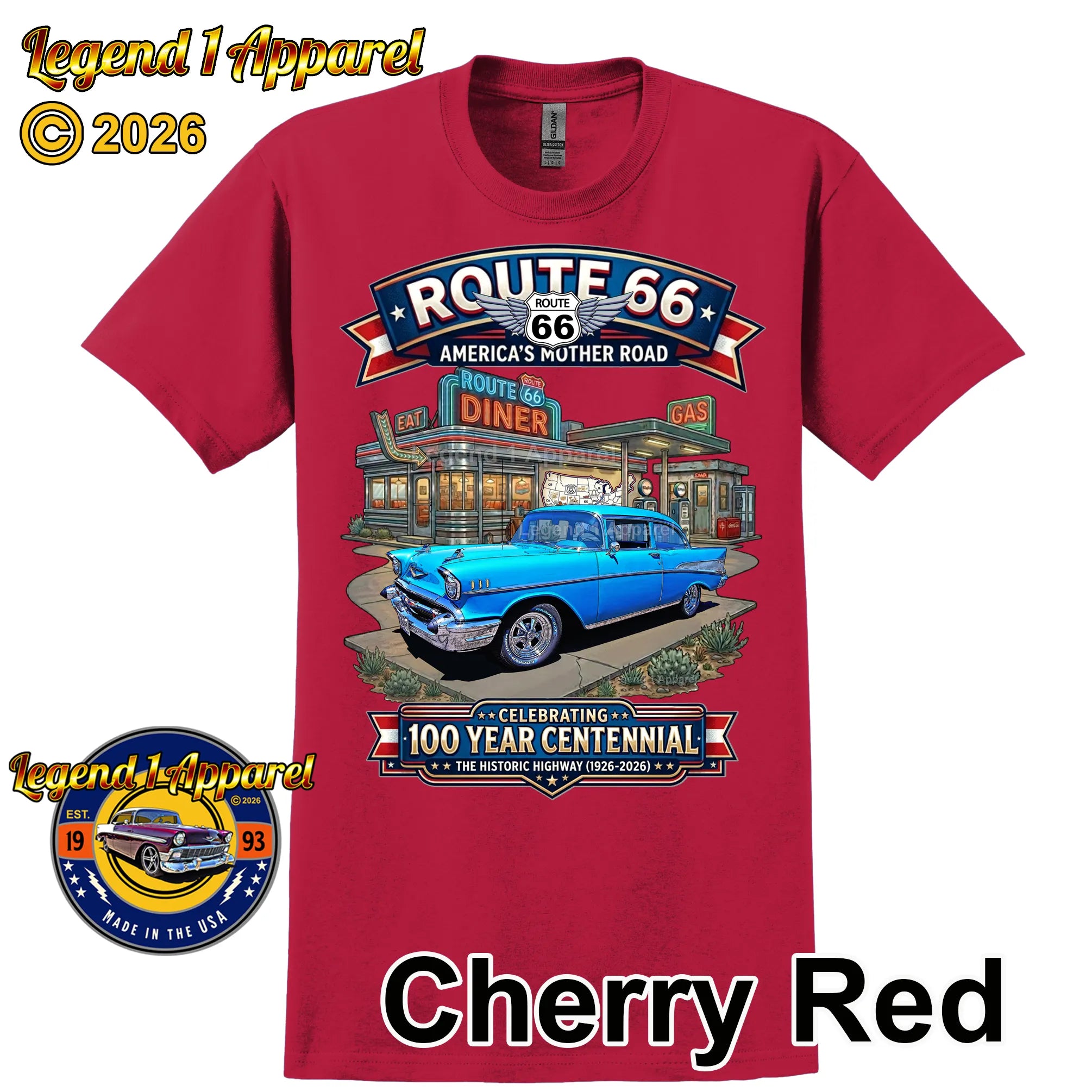 1957 Chevrolet Bel Air Coupe Classic Car Graphic Tee – Route 66 Centennial T-Shirt