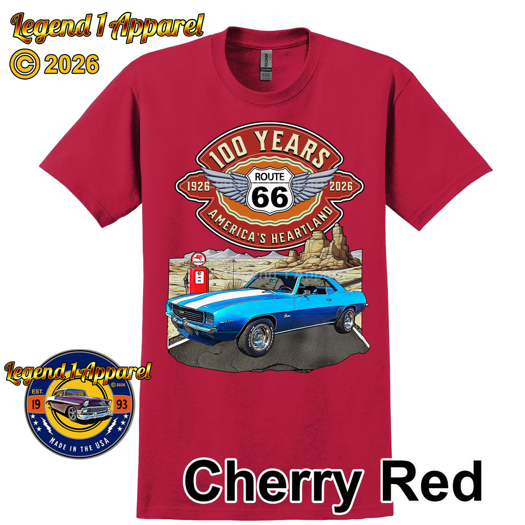 1969 Chevrolet Camaro Classic Car Graphic Tee – Route 66 100 Years T-Shirt