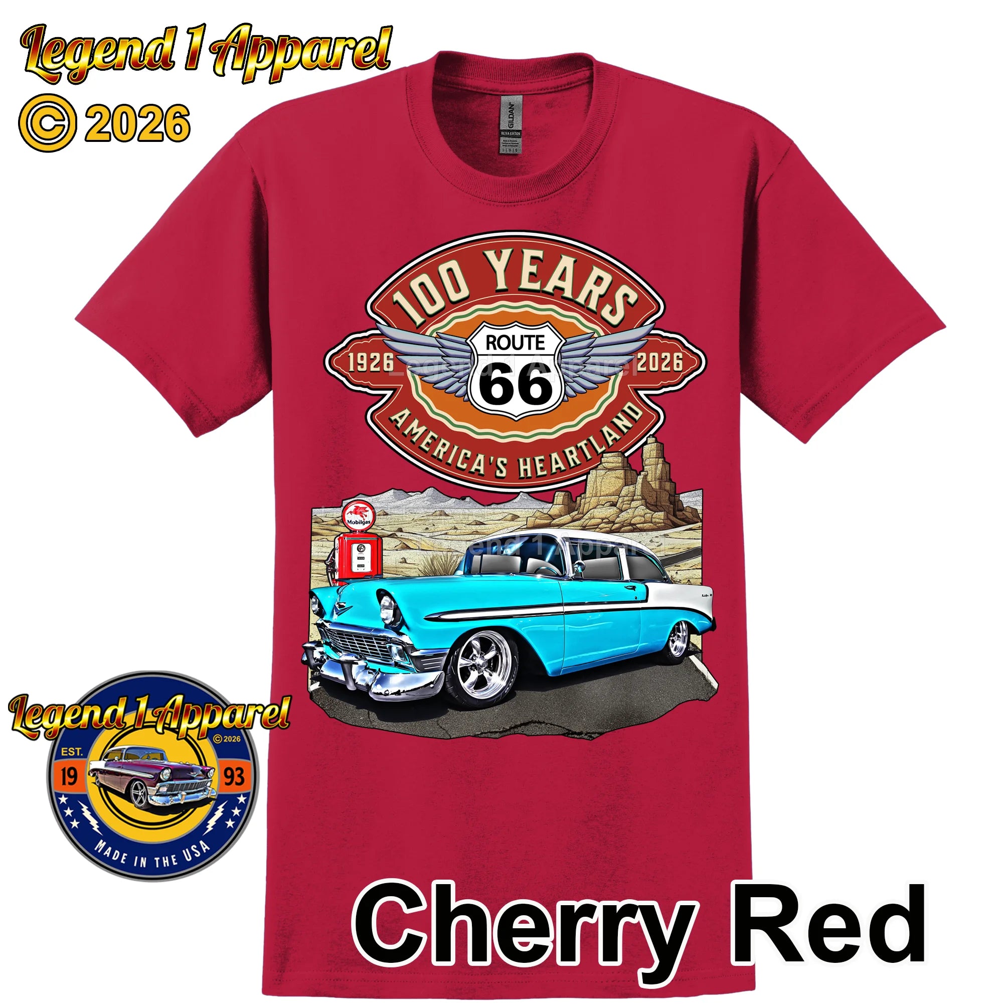 1956 Chevrolet Bel Air Coupe Classic Car Graphic Tee – Route 66 100 Years T-Shirt