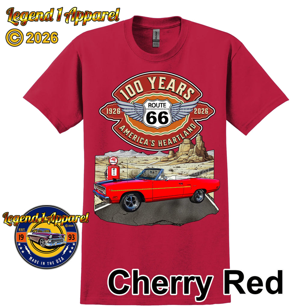 1970 Plymouth RoadRunner Classic Car Graphic Tee – Route 66 100 Years T-Shirt