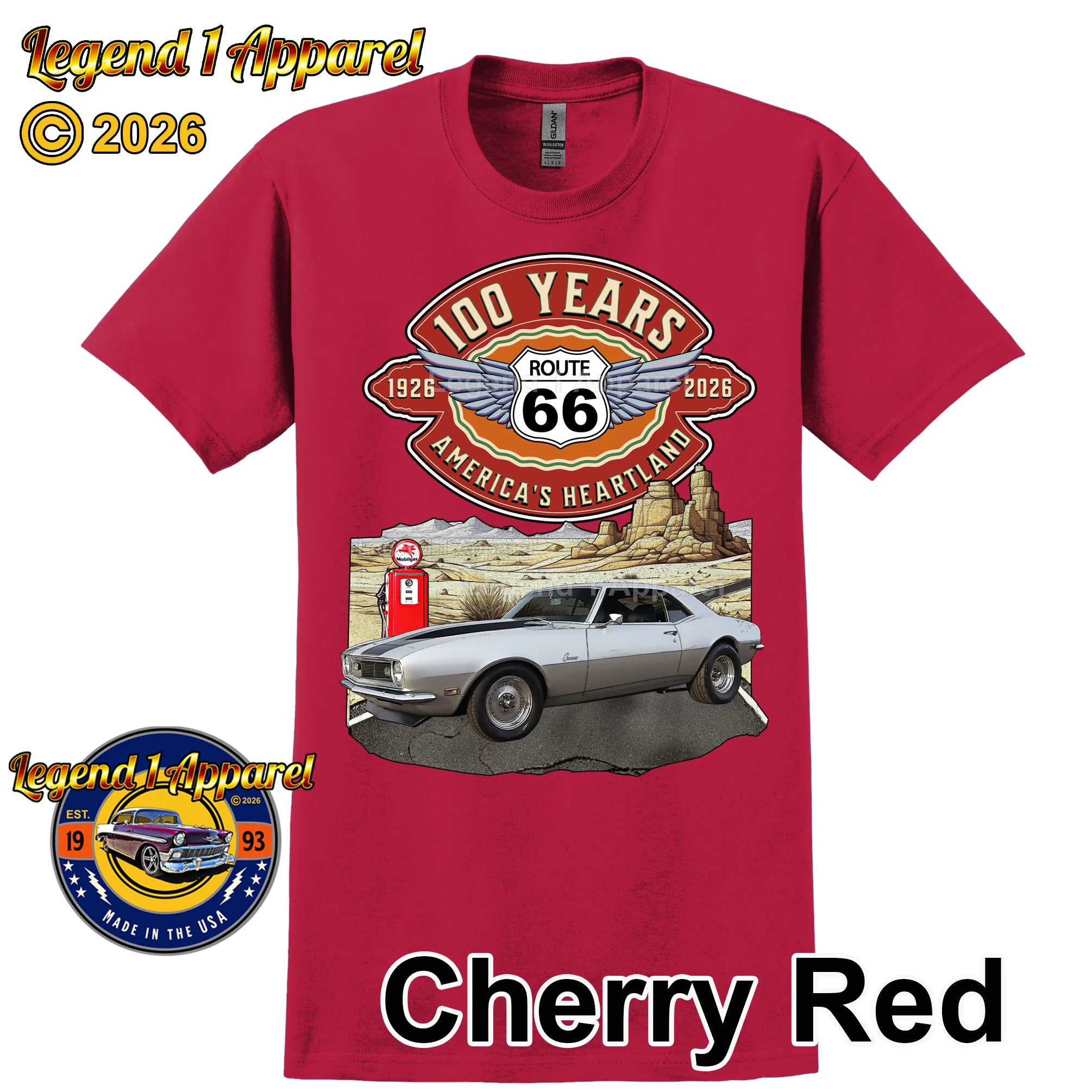 1968 Chevrolet Camaro Classic Car Graphic Tee – Route 66 100 Years T-Shirt