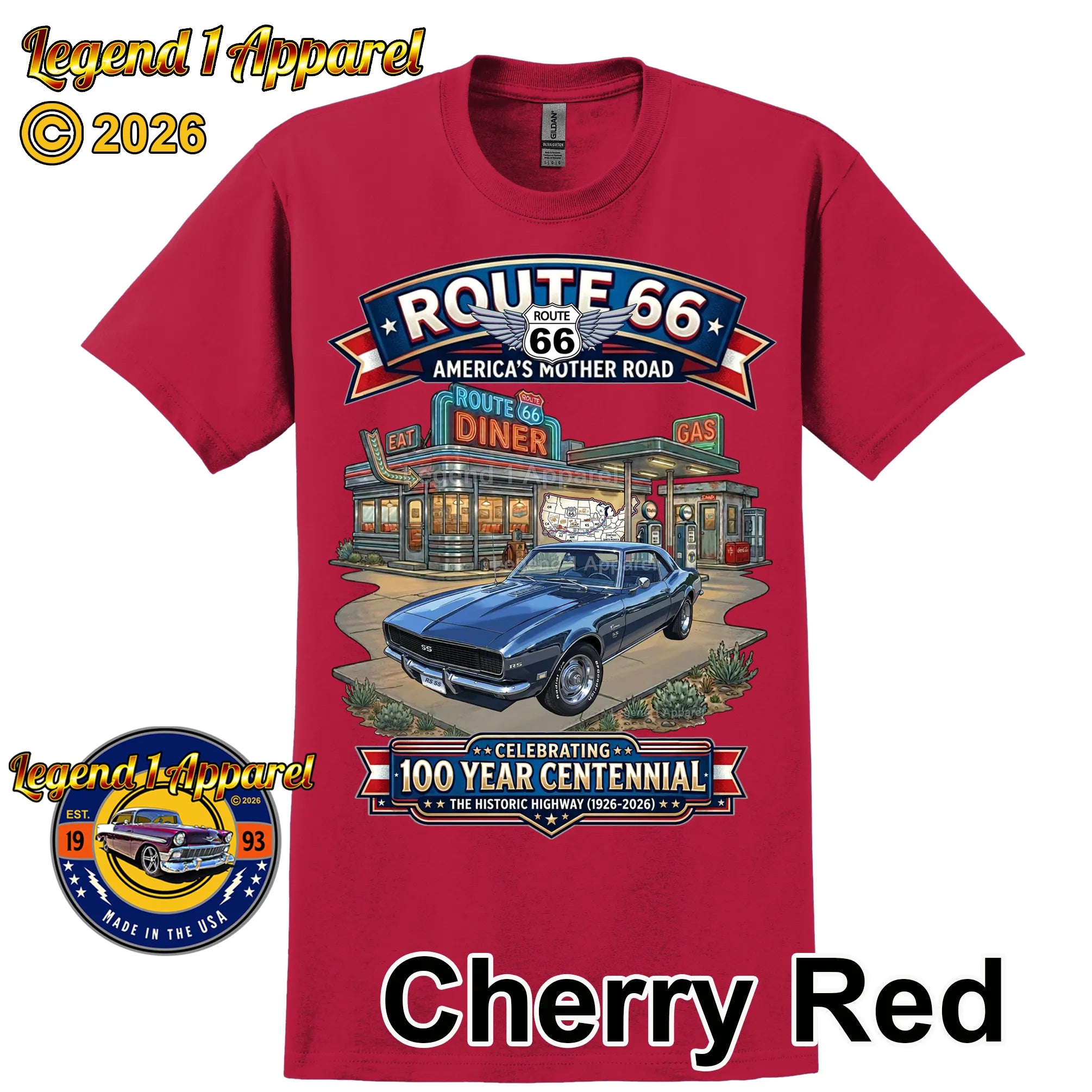 1968 Chevrolet Camaro Classic Car Graphic Tee – Route 66 Centennial T-Shirt