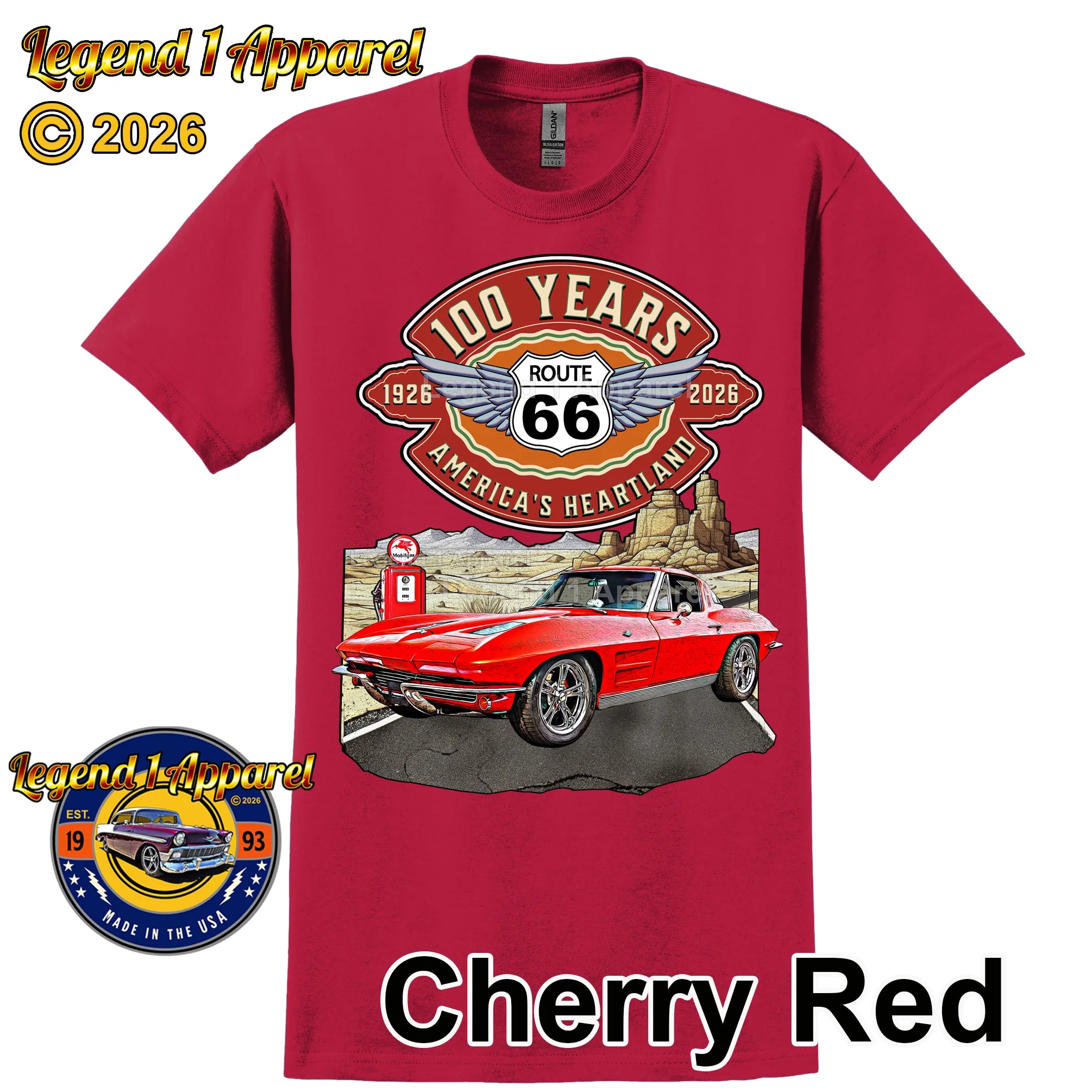 1963 Chevrolet Corvette C2 Classic Car Graphic Tee – Route 66 100 Years T-Shirt