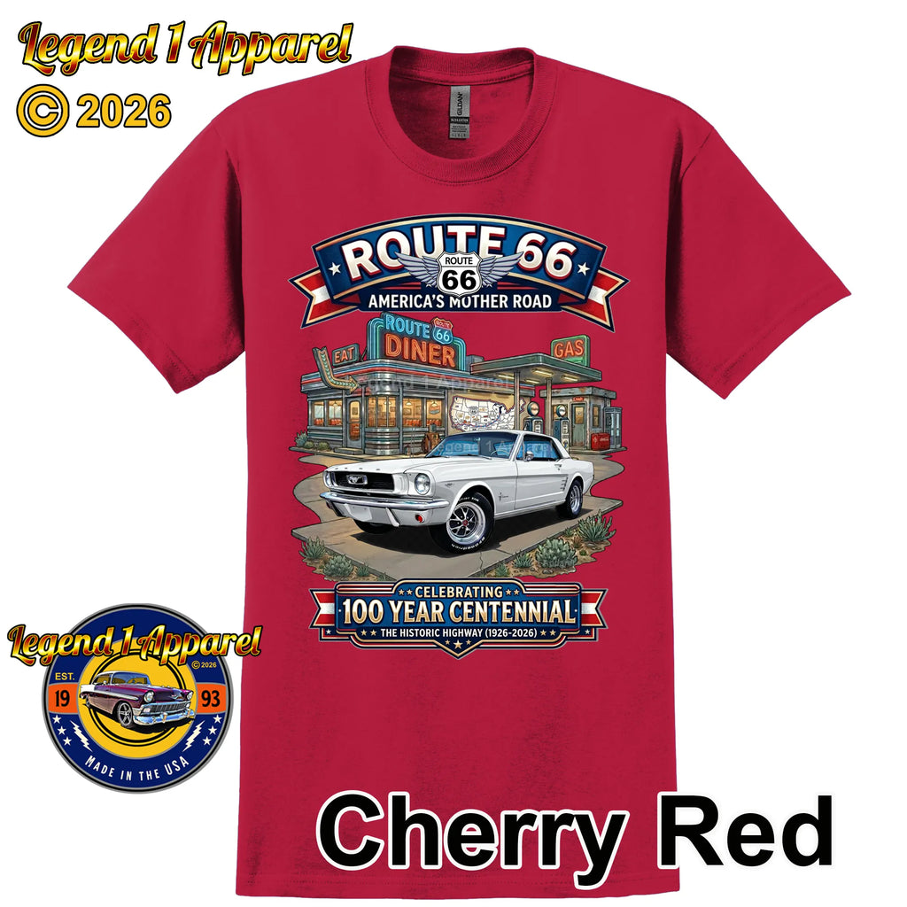1966 Ford Mustang Hardtop Classic Car Graphic Tee – Route 66 Centennial T-Shirt