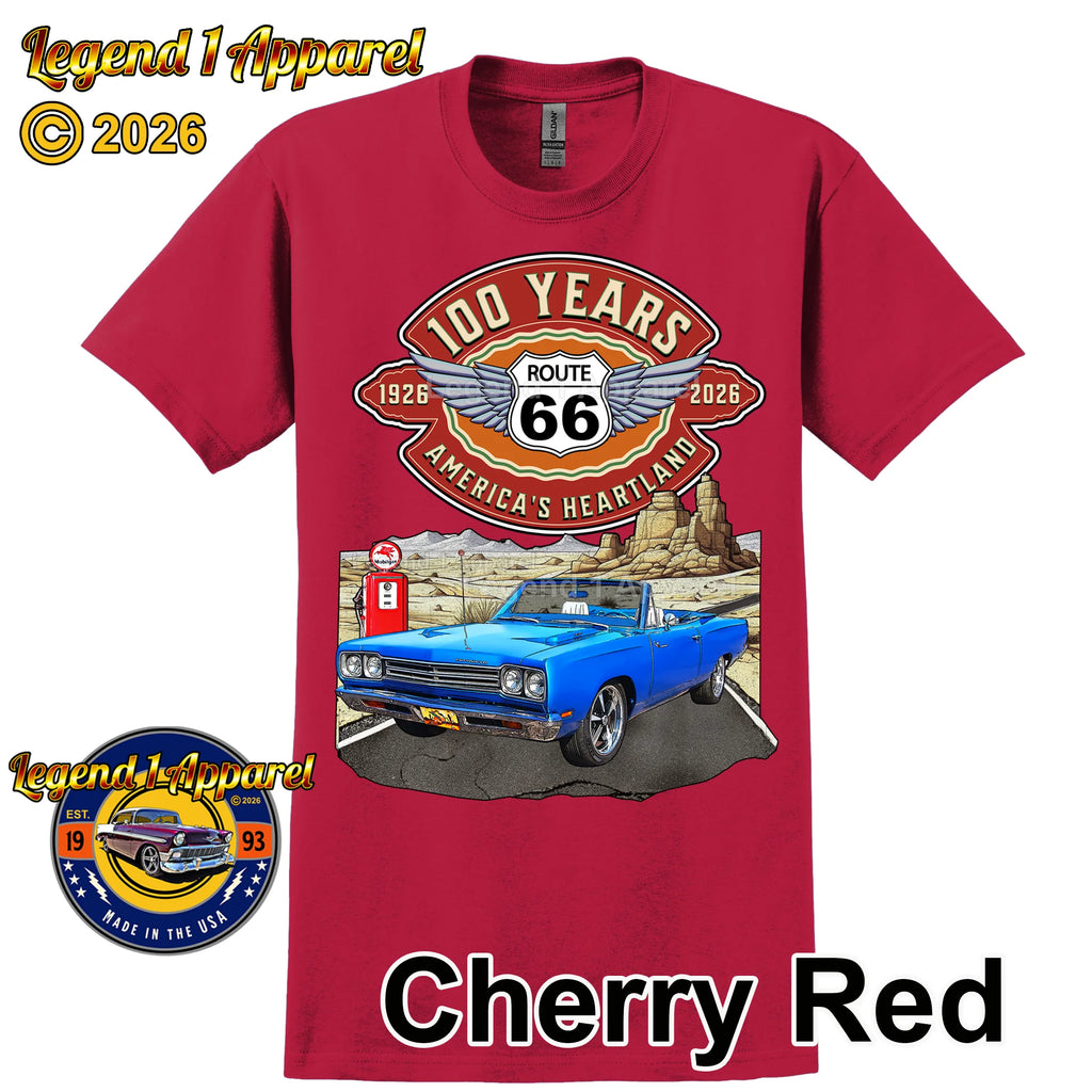 1969 Plymouth RoadRunner Classic Car Graphic Tee – Route 66 100 Years T-Shirt