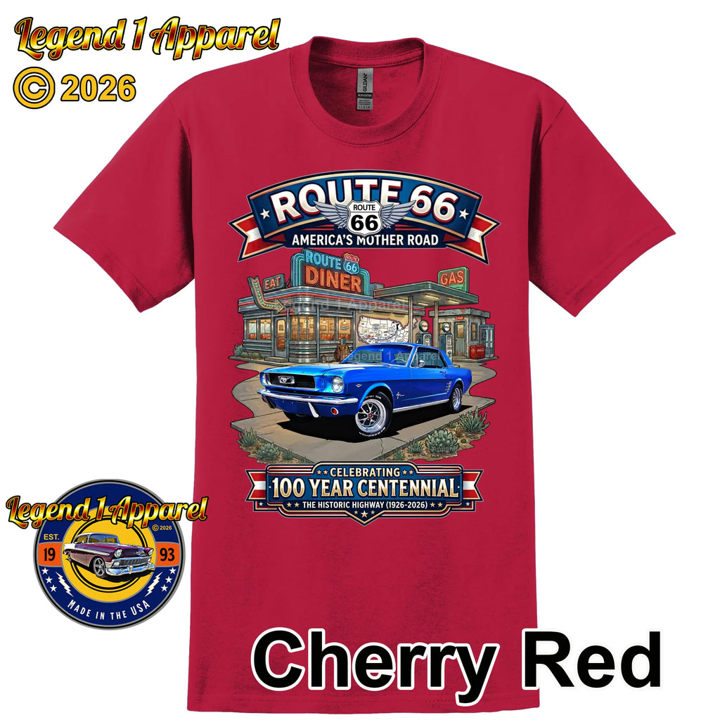 1966 Ford Mustang Hardtop Classic Car Graphic Tee – Route 66 Centennial T-Shirt