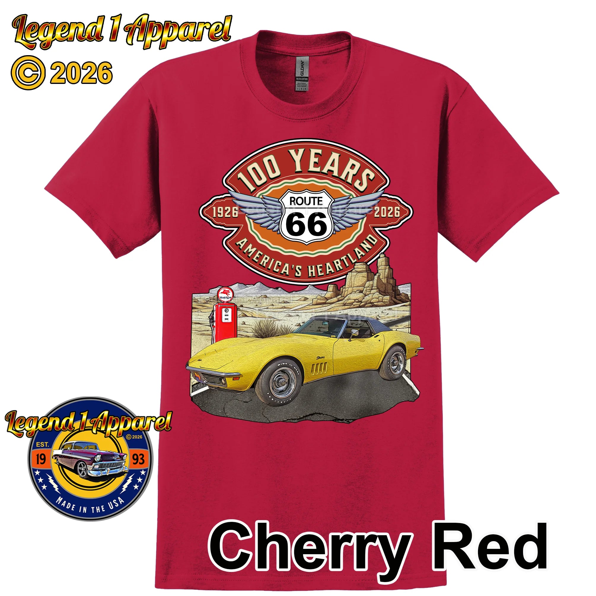 1969 Chevrolet Corvette C3 Classic Car Graphic Tee – Route 66 100 Years T-Shirt