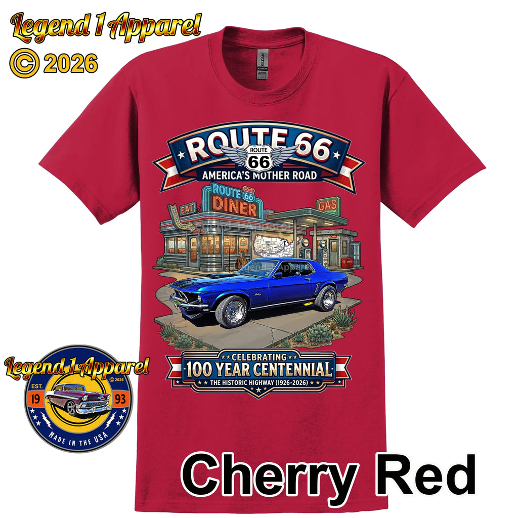 1969 Ford Mustang Hardtop Classic Car Graphic Tee – Route 66 Centennial T-Shirt