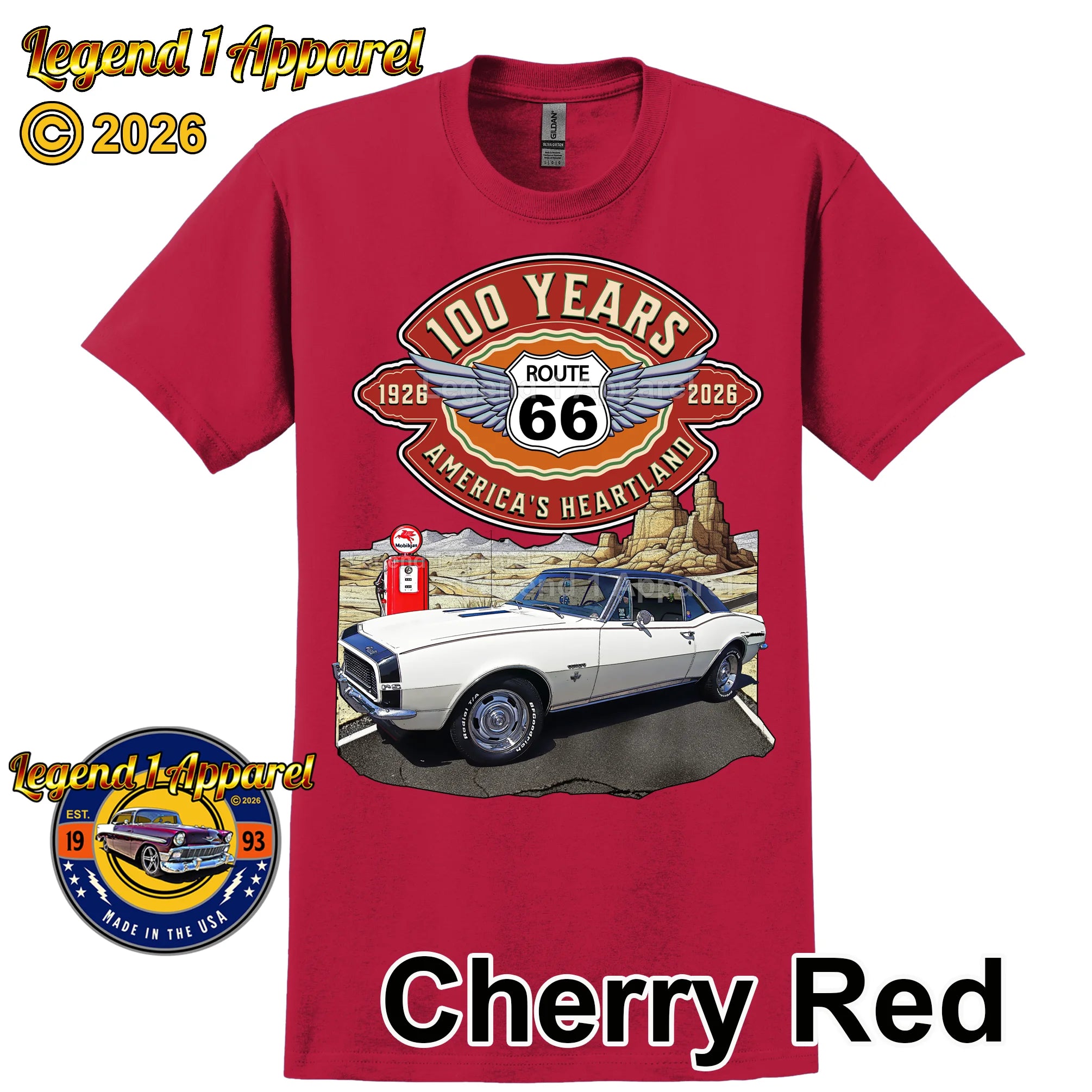 1967 Chevrolet Camaro Classic Car Graphic Tee – Route 66 100 Years T-Shirt