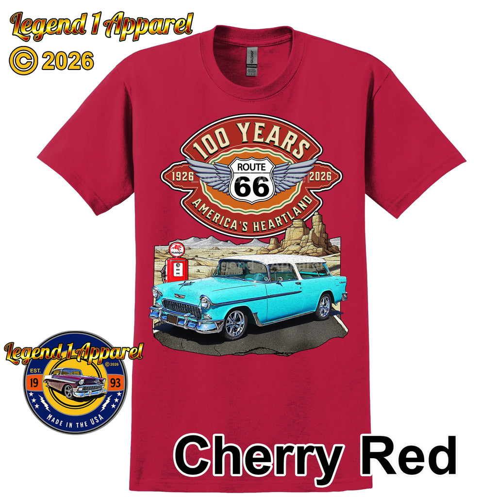 1955 Chevrolet Bel Air Nomad Classic Car Graphic Tee – Route 66 100 Years T-Shirt