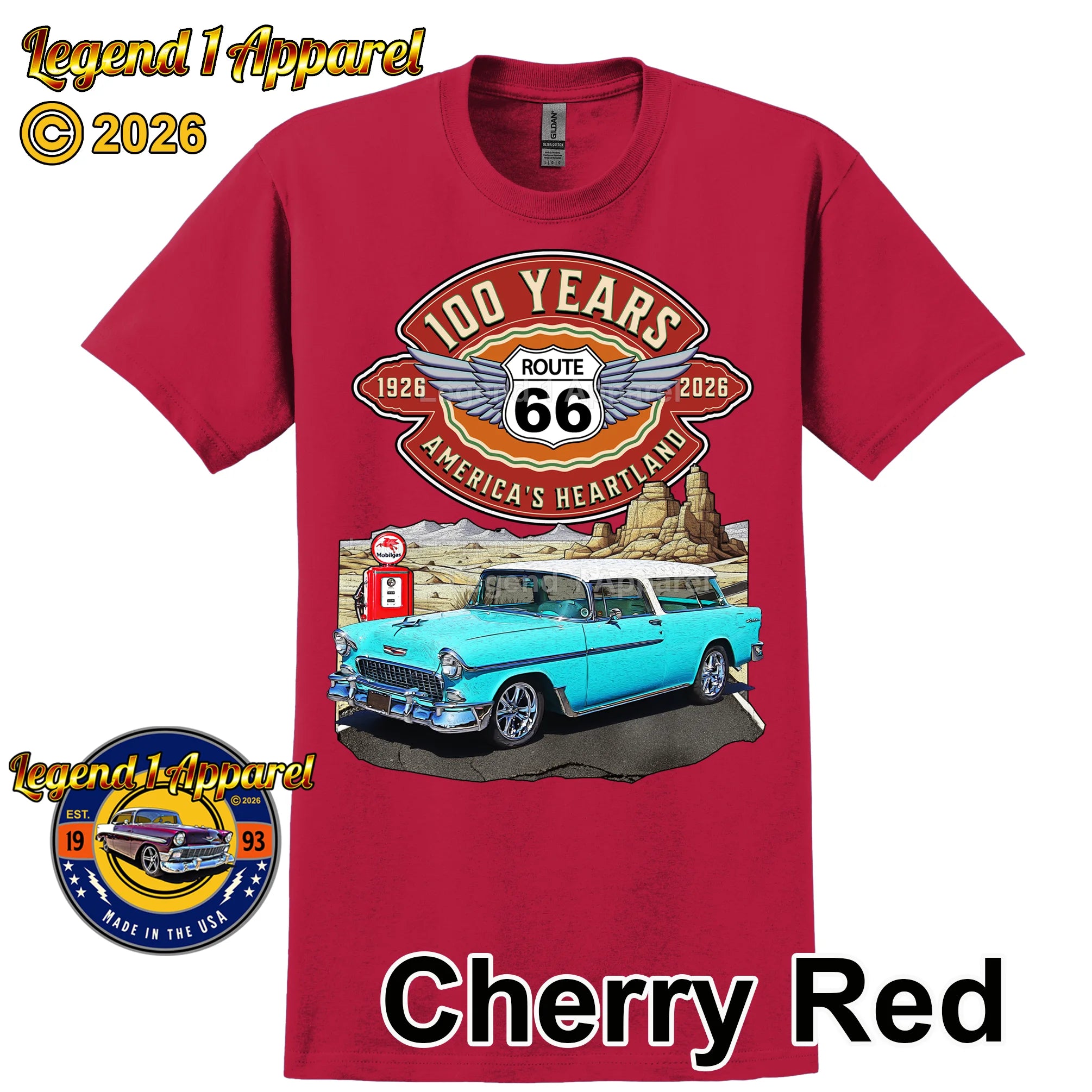 1955 Chevrolet Bel Air Nomad Classic Car Graphic Tee – Route 66 100 Years T-Shirt