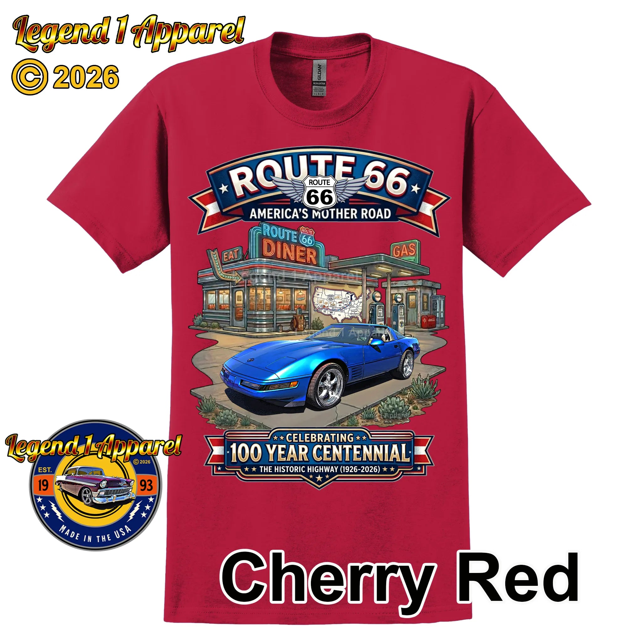 1992 Chevrolet Corvette C4 Classic Car Graphic Tee – Route 66 Centennial T-Shirt