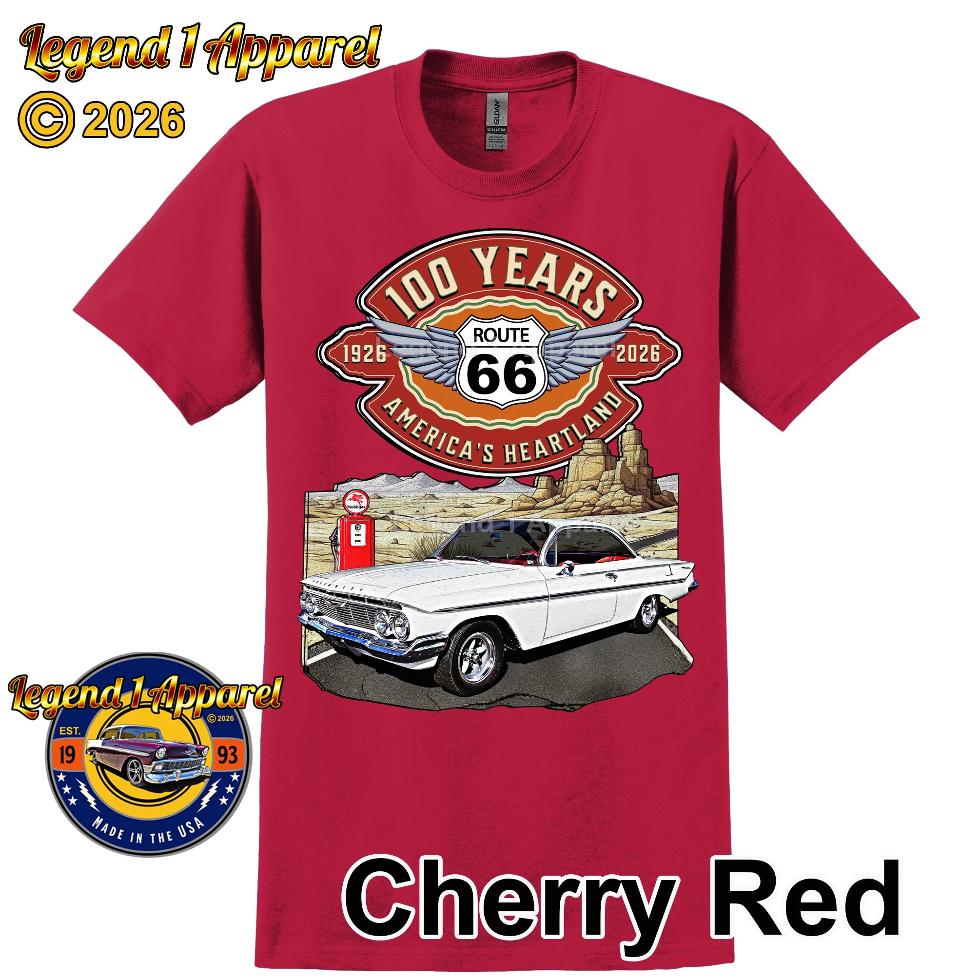 1961 Chevrolet Bel Air Bubble Top Classic Car Graphic Tee – Route 66 100 Years T-Shirt