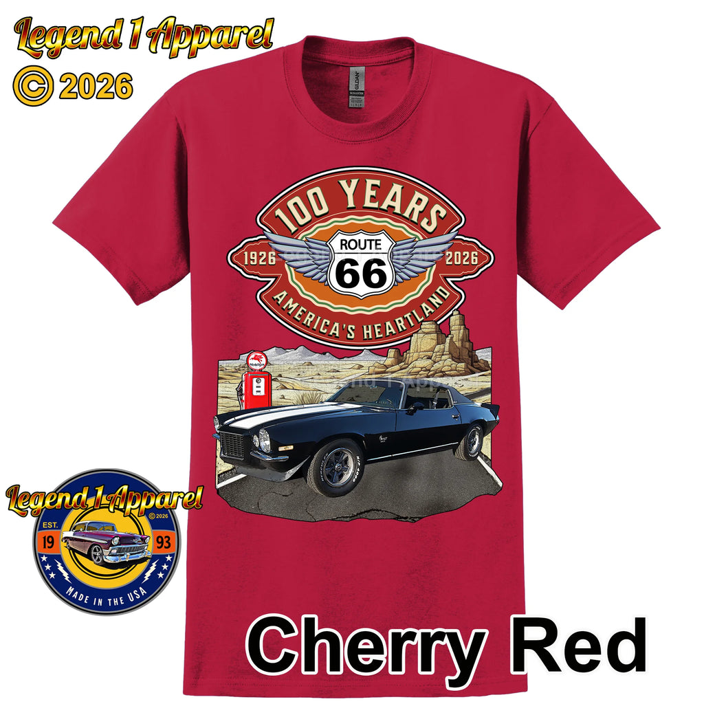 1973 Chevrolet Camaro Classic Car Graphic Tee – Route 66 100 Years T-Shirt