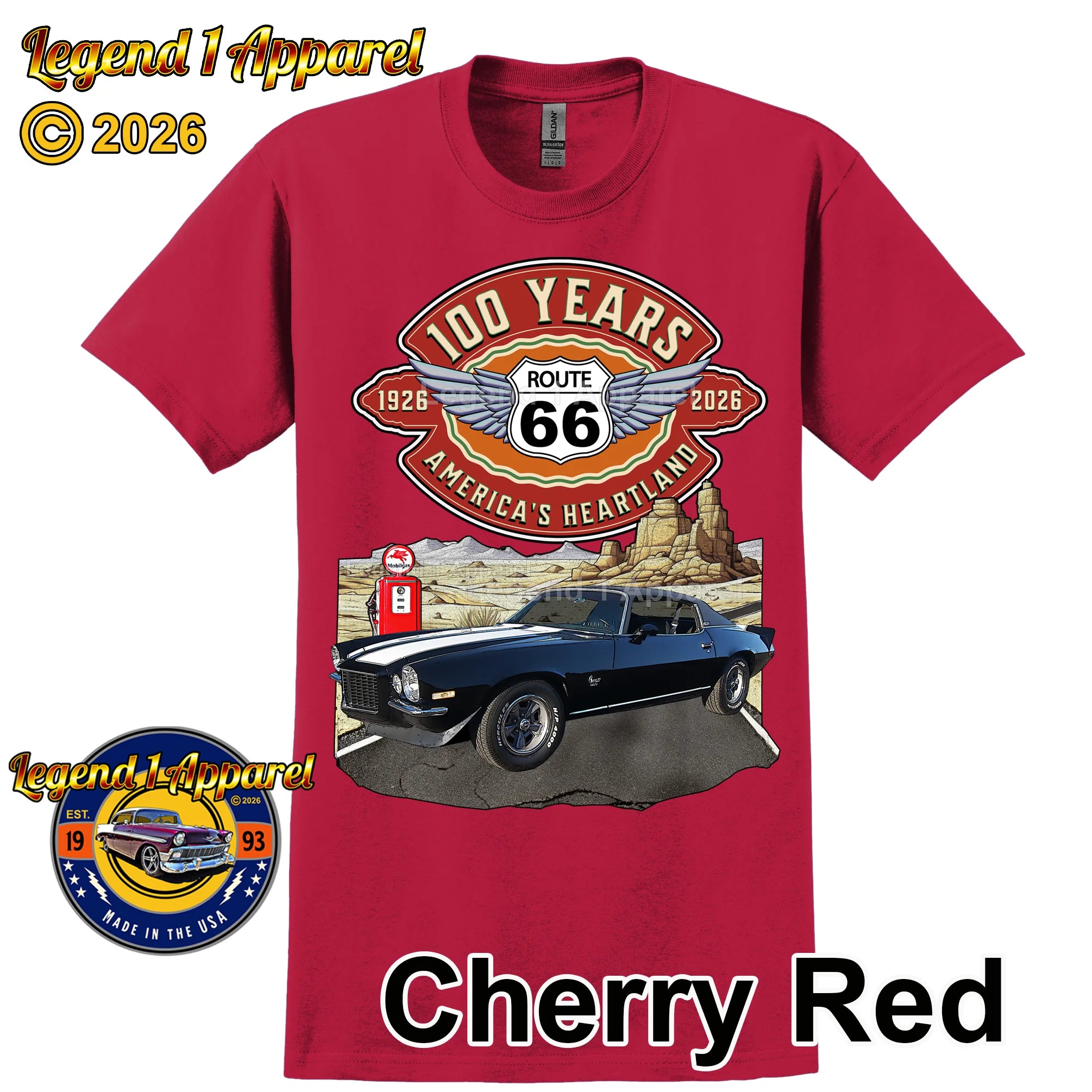 1973 Chevrolet Camaro Classic Car Graphic Tee – Route 66 100 Years T-Shirt