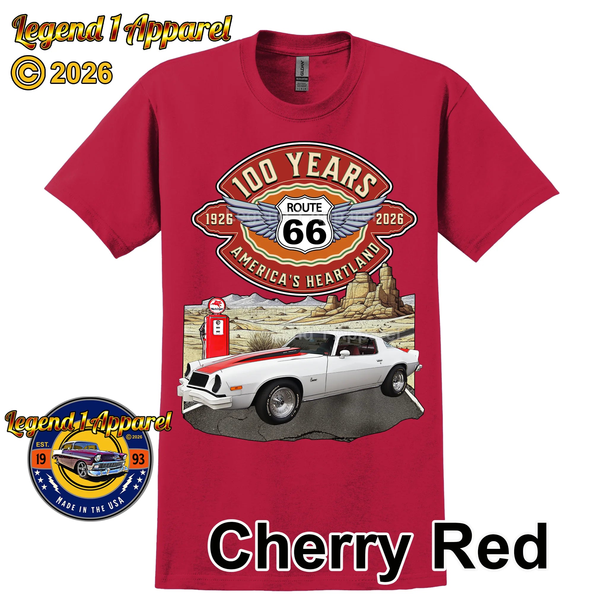 1976 Chevrolet Camaro Classic Car Graphic Tee – Route 66 100 Years T-Shirt