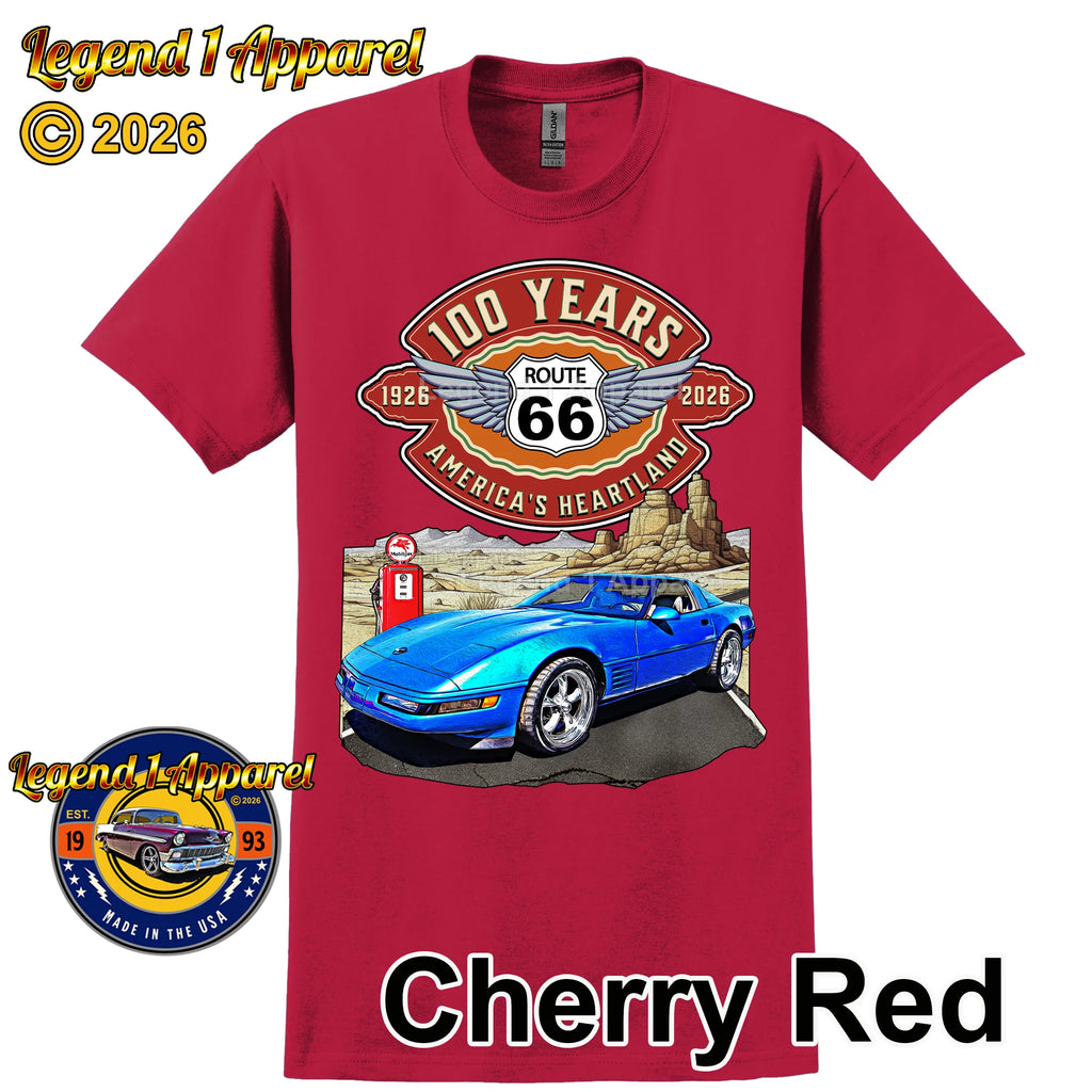 1992 Chevrolet Corvette C4 Classic Car Graphic Tee – Route 66 100 Years T-Shirt