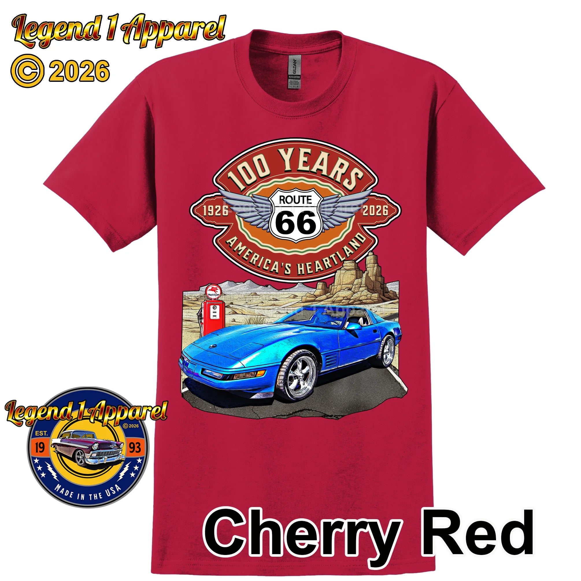 1992 Chevrolet Corvette C4 Classic Car Graphic Tee – Route 66 100 Years T-Shirt