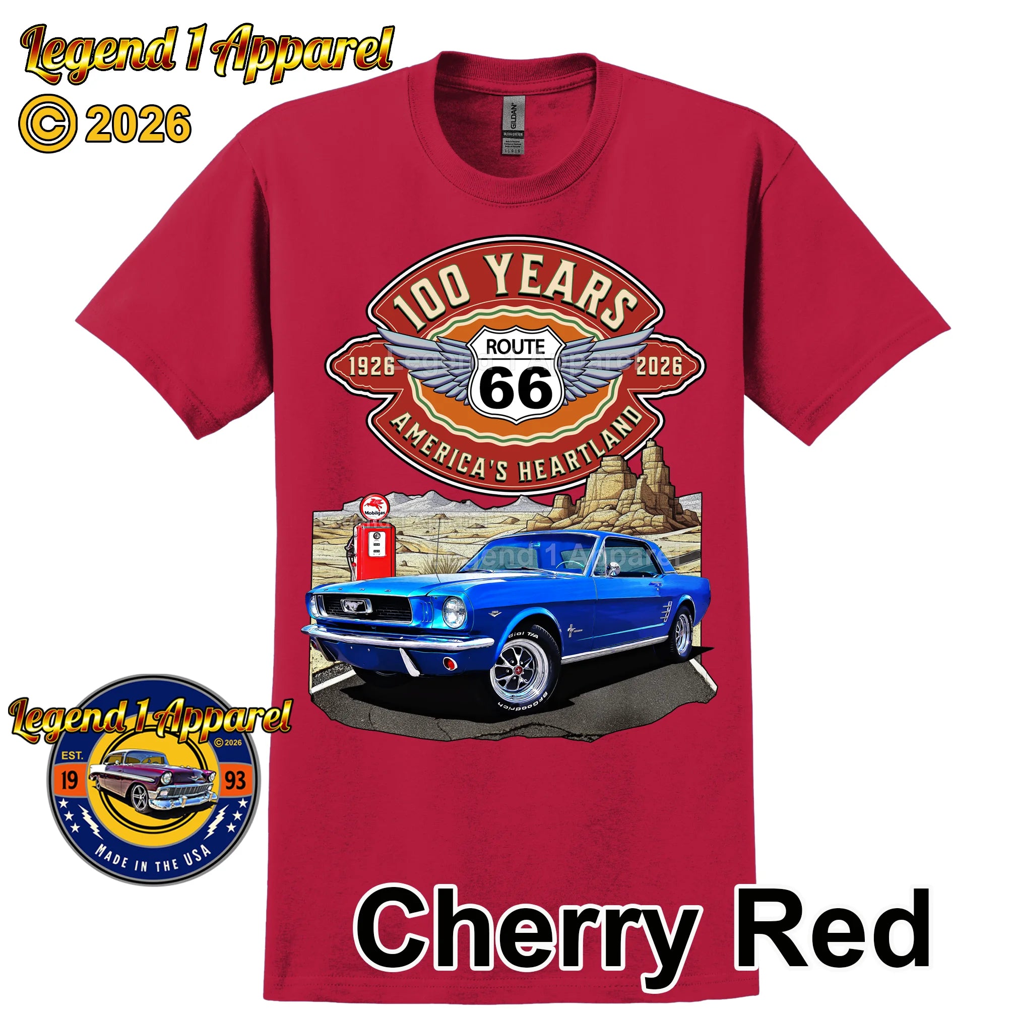1966 Ford Mustang Hardtop Classic Car Graphic Tee – Route 66 100 Years T-Shirt
