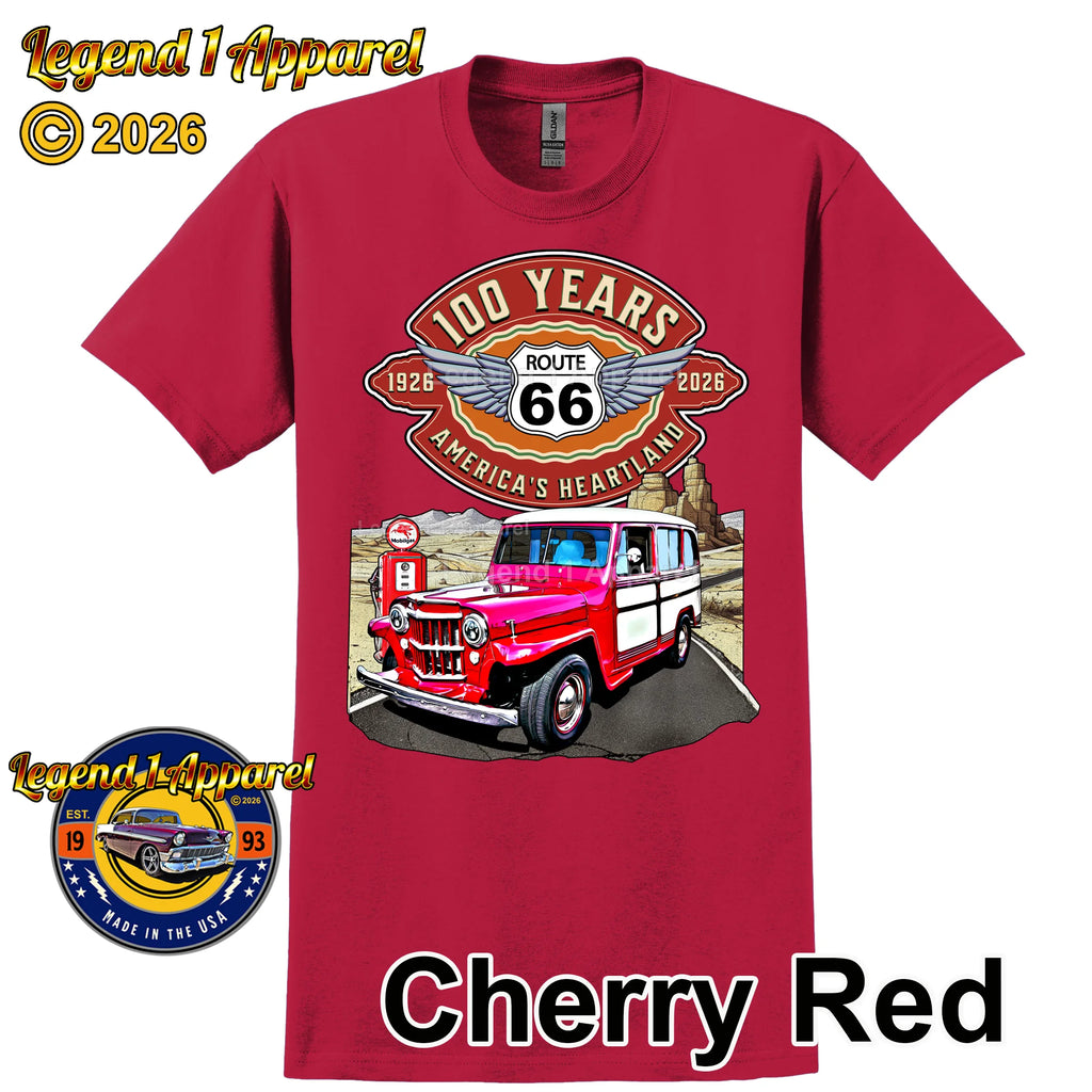 1957 Willys Wagon Classic Truck Graphic Tee – Route 66 100 Years T-Shirt