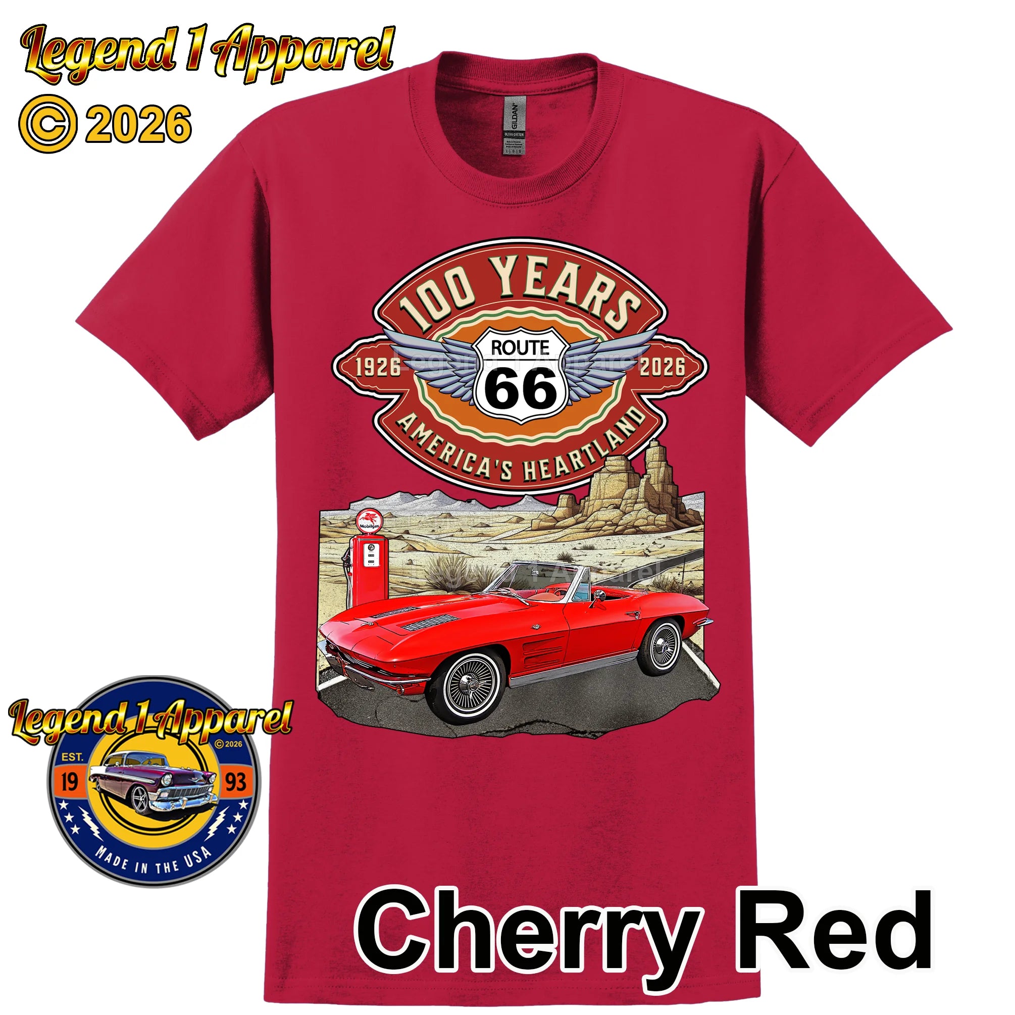 1963 Chevrolet Corvette C2 Classic Car Graphic Tee – Route 66 100 Years T-Shirt