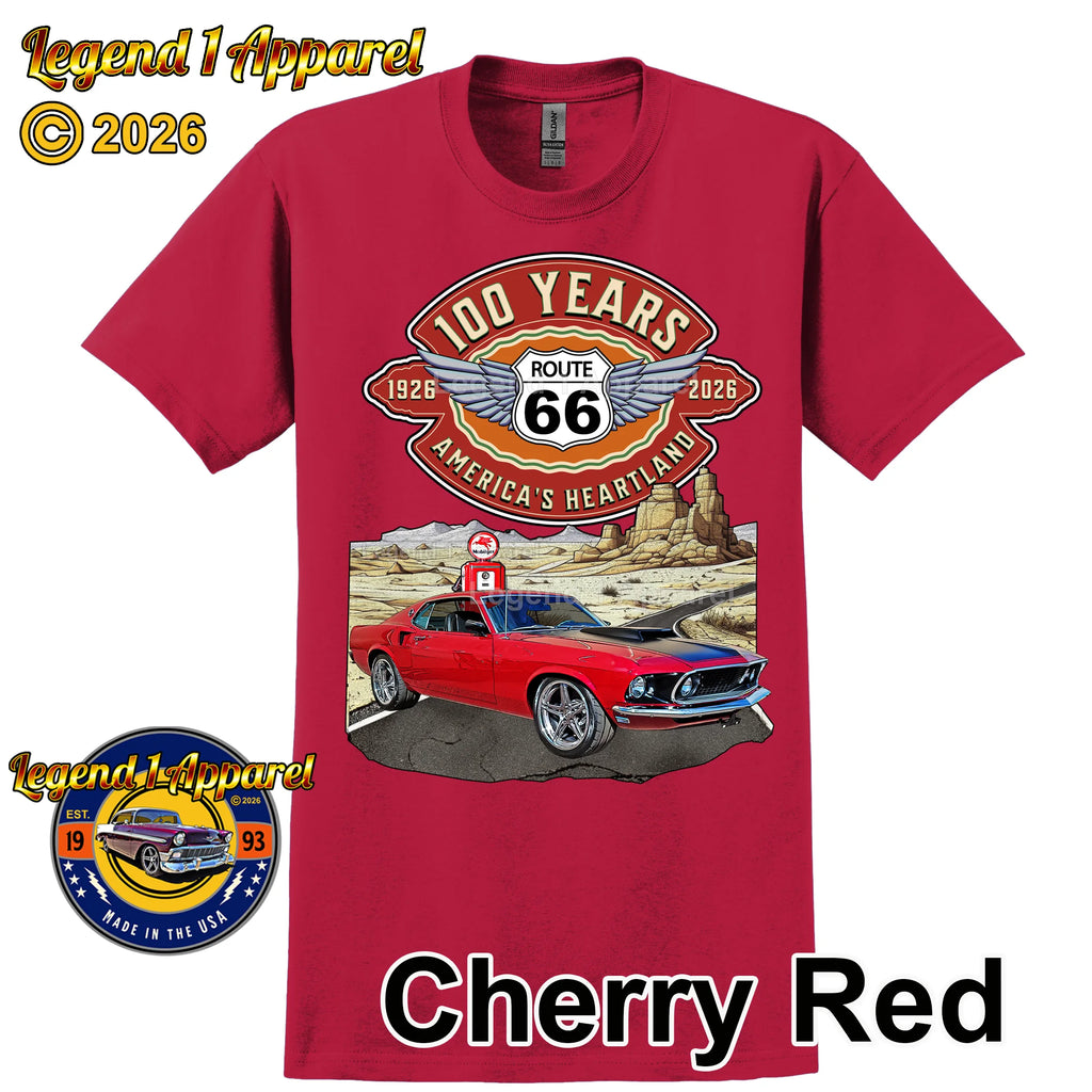 1969 Ford Mustang Fastback Classic Car Graphic Tee – Route 66 100 Years T-Shirt