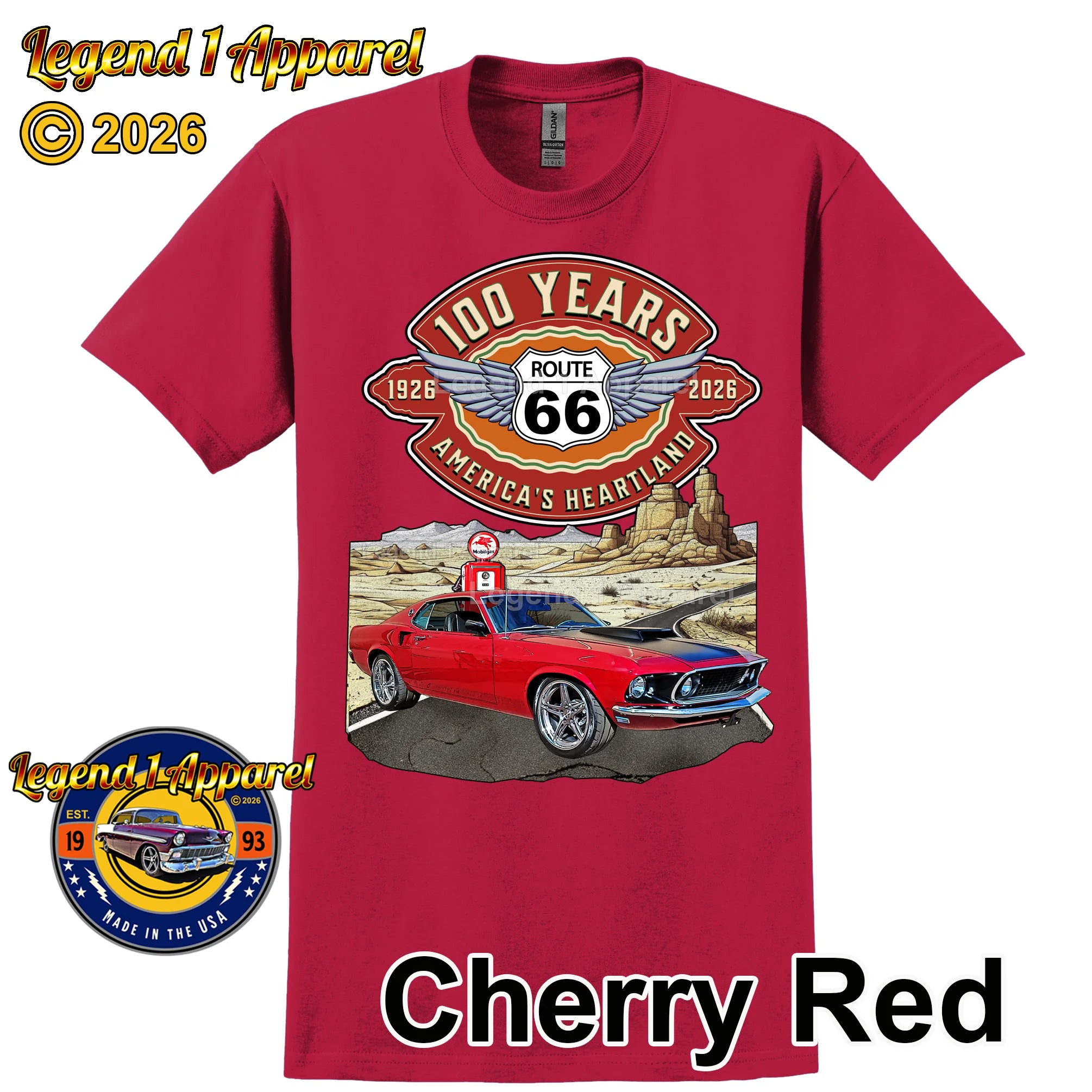 1969 Ford Mustang Fastback Classic Car Graphic Tee – Route 66 100 Years T-Shirt